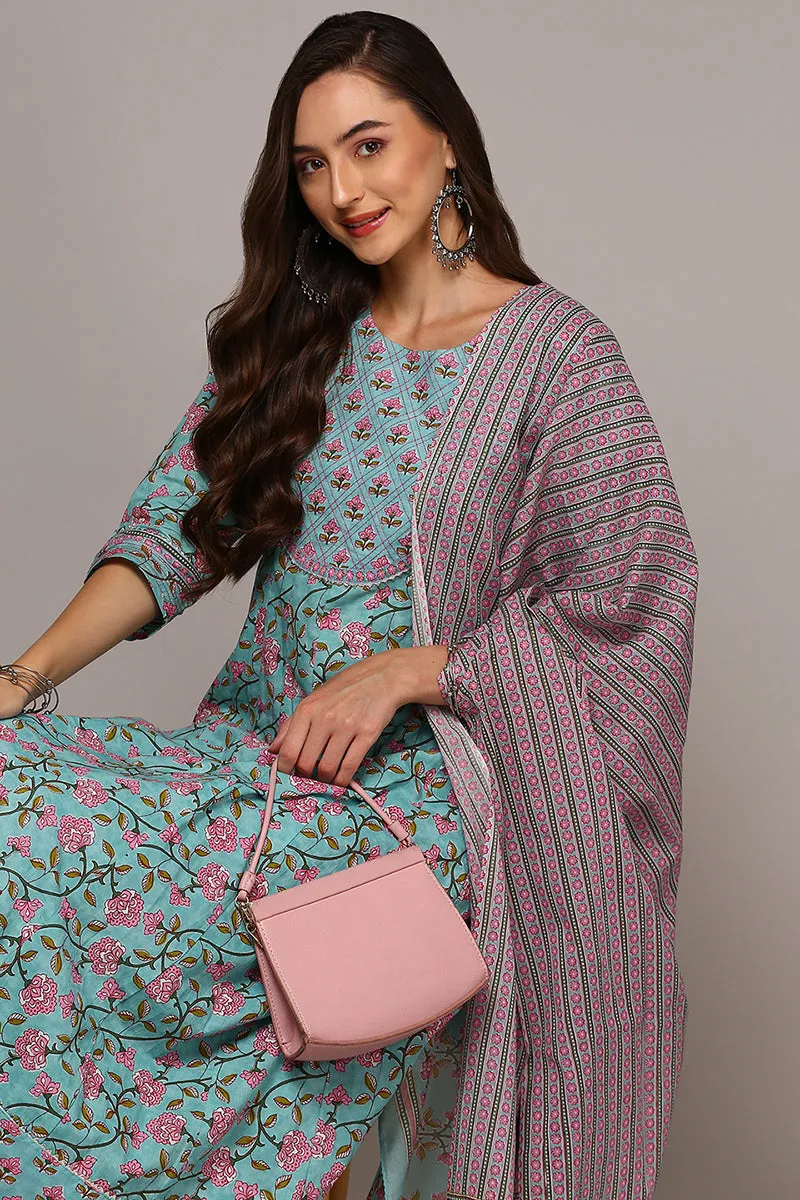 Blue Pure Cotton Printed Flared Suit Set