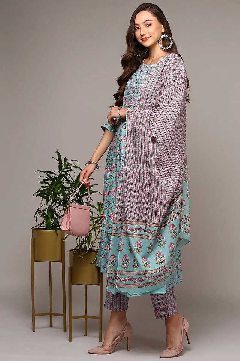 Blue Pure Cotton Printed Flared Suit Set