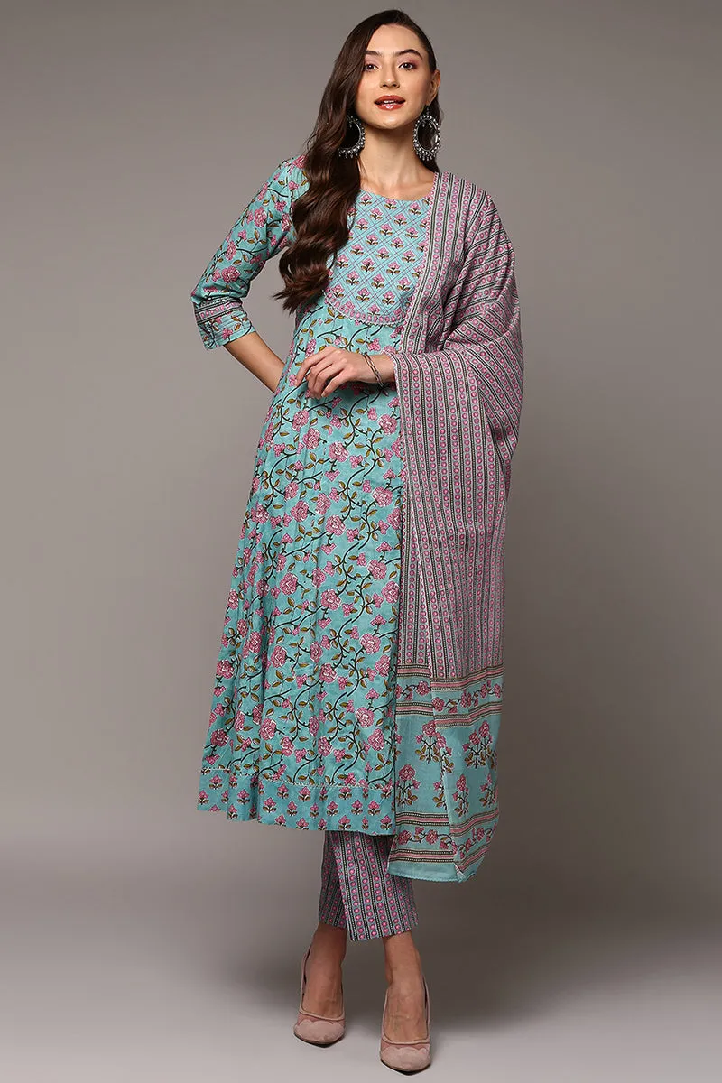 Blue Pure Cotton Printed Flared Suit Set