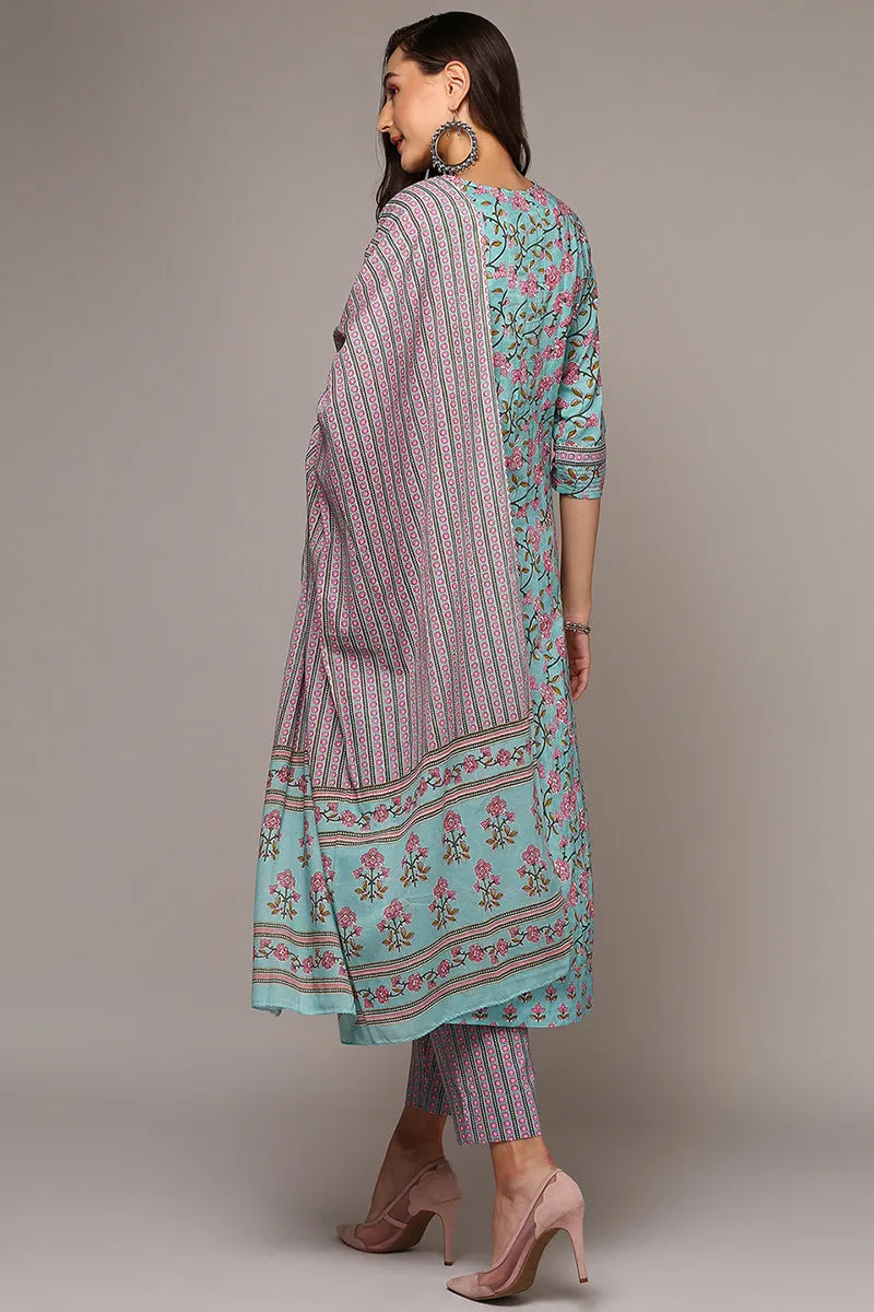 Blue Pure Cotton Printed Flared Suit Set