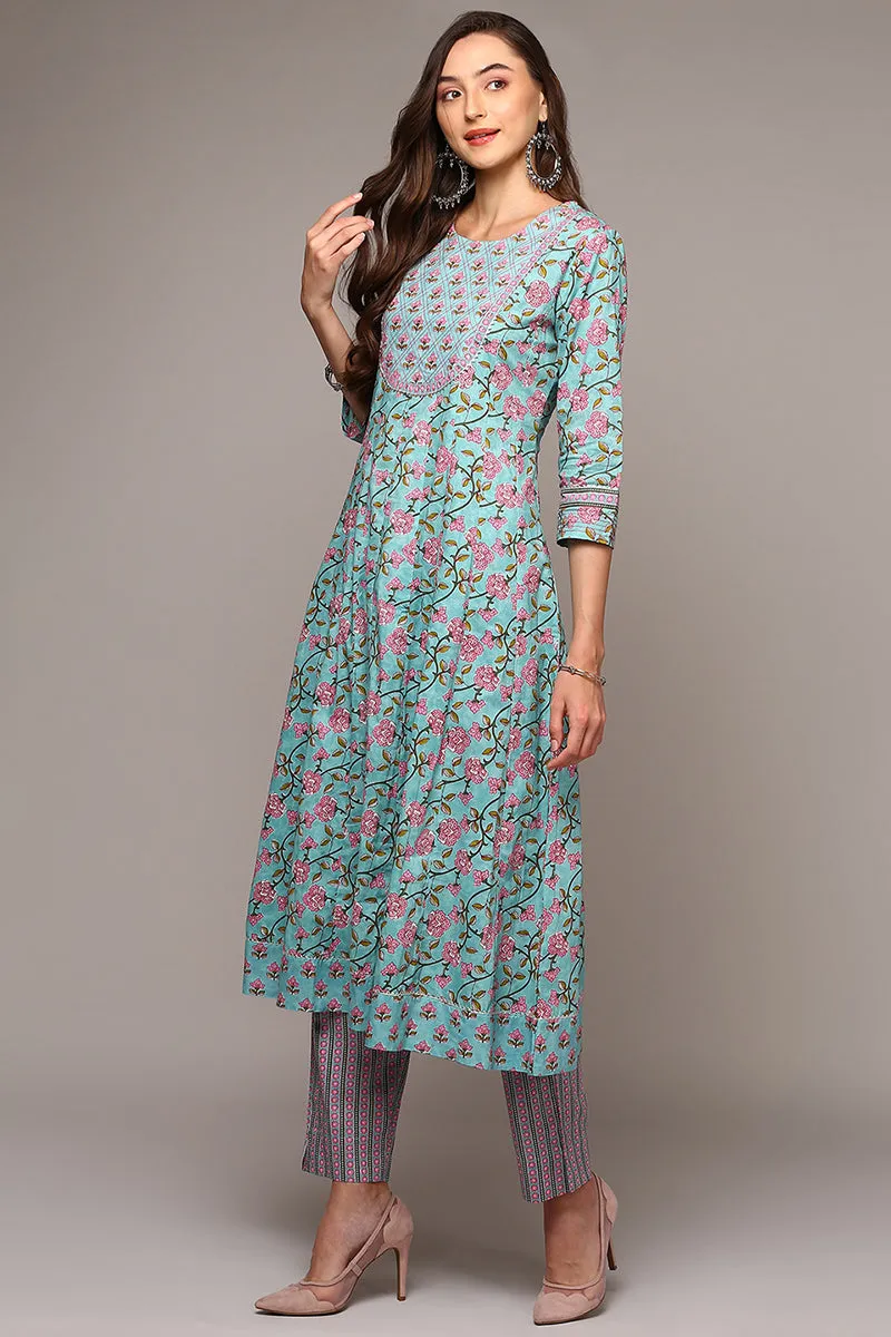 Blue Pure Cotton Printed Flared Suit Set