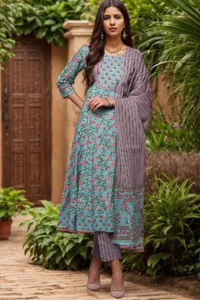 Blue Pure Cotton Printed Flared Suit Set