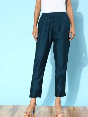 Blue Solid Silk Trousers