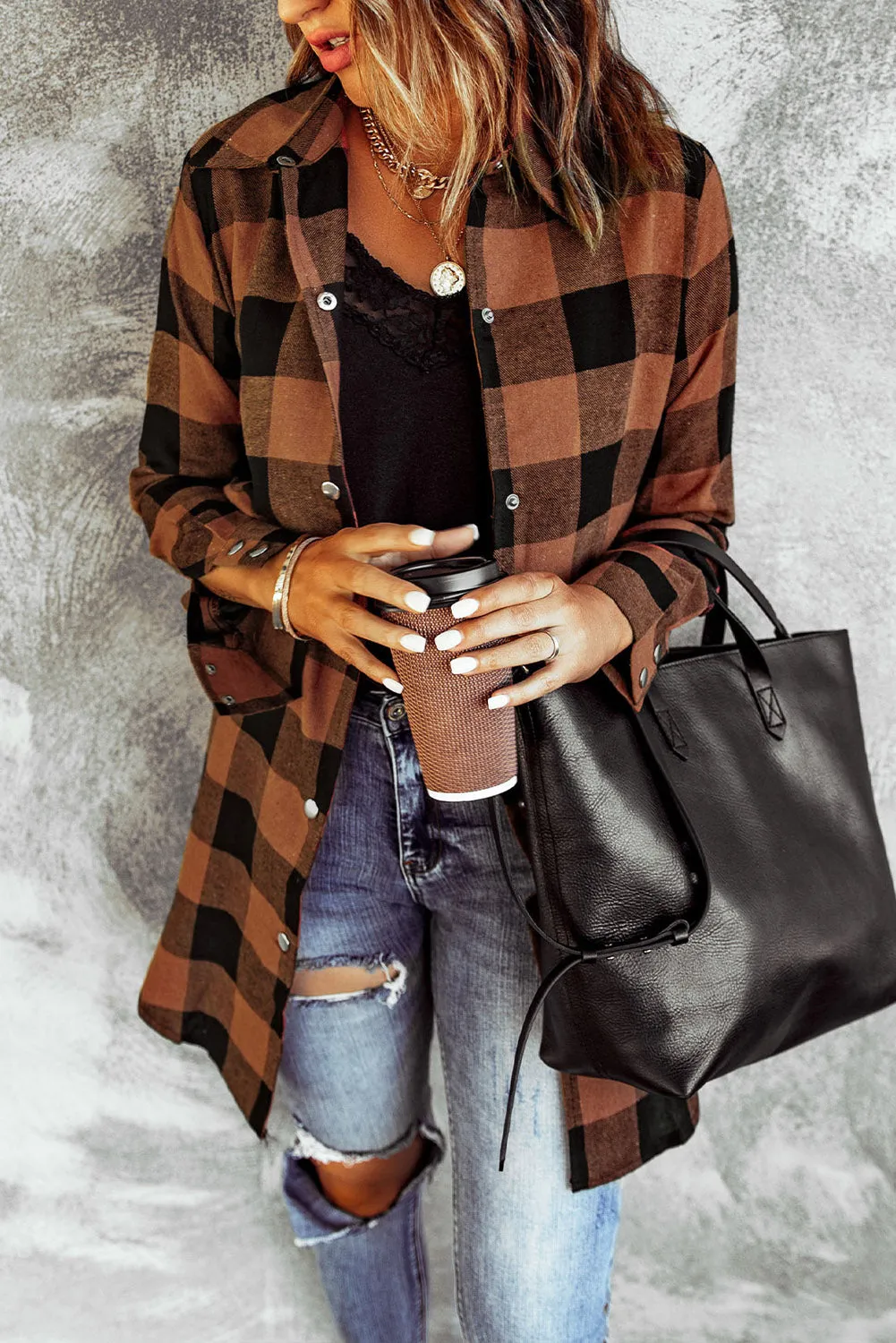 Blue Zone Planet |  Brown Turn-down Collar Plaid Shirt Coat