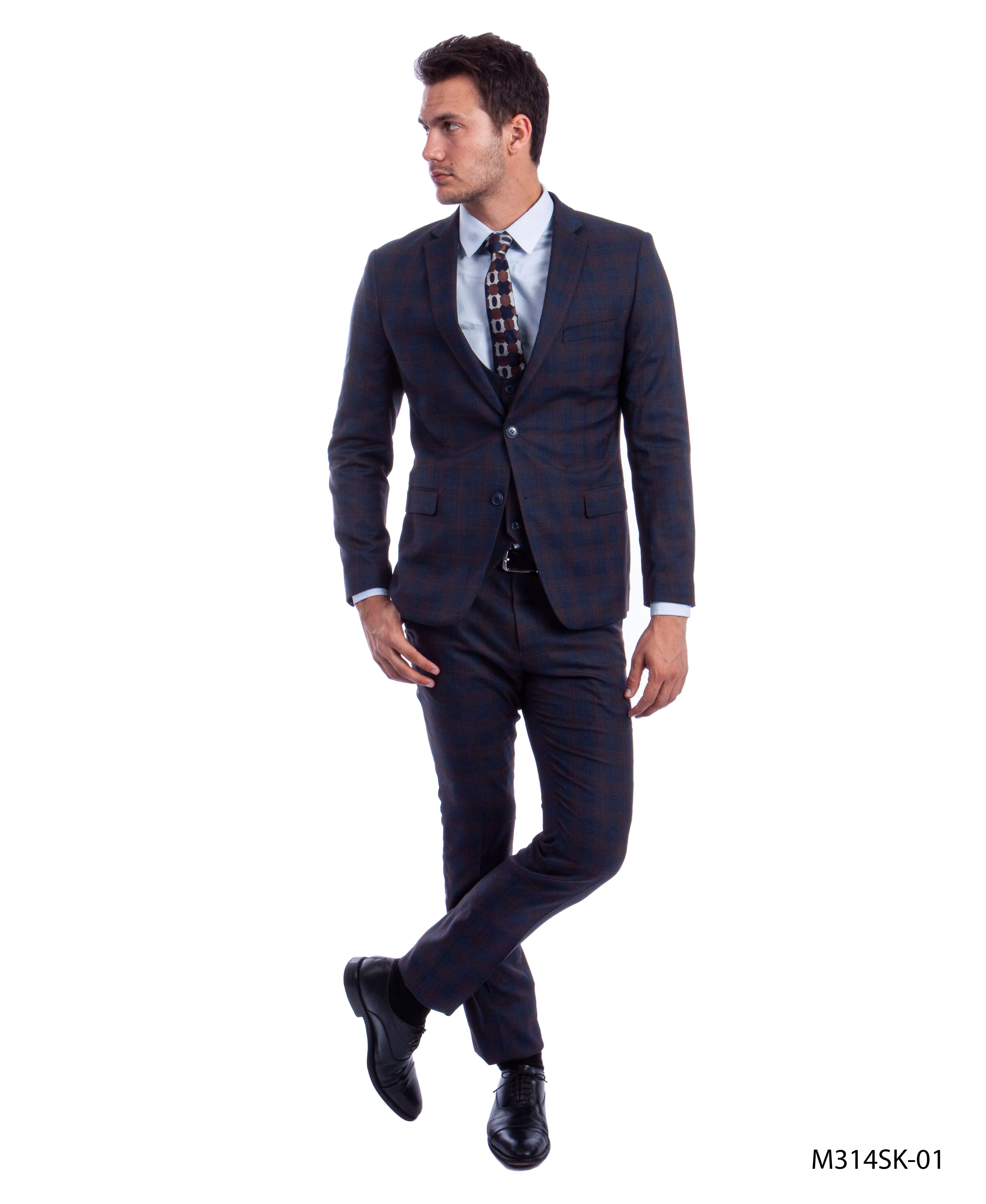 Blue/Brown 3 PC Plaid Suit - Slim Fit