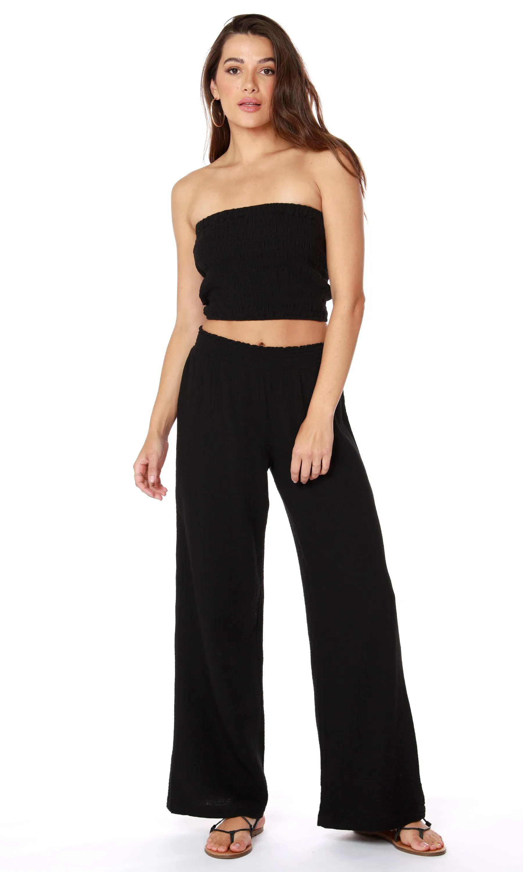 bobi Black Smocked Waist Wide Leg Pants