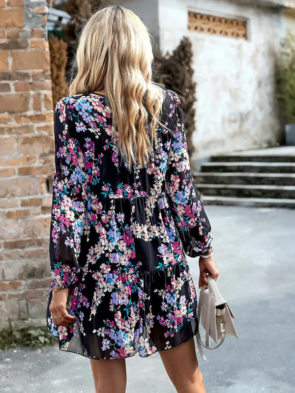 Boho Floral Print Round Neck Smocked Top Layered Dress