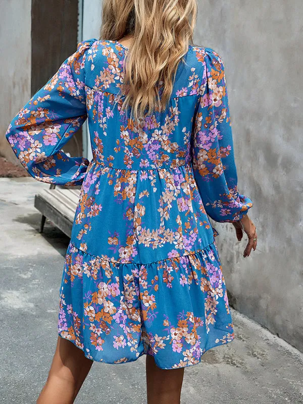 Boho Floral Print Round Neck Smocked Top Layered Dress