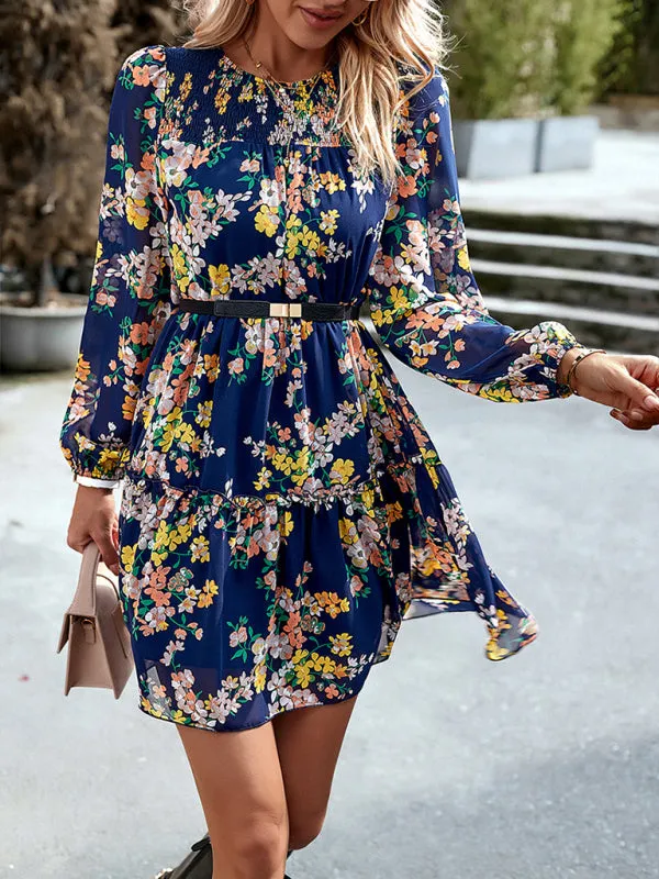 Boho Floral Print Round Neck Smocked Top Layered Dress