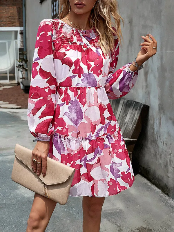 Boho Floral Print Round Neck Smocked Top Layered Dress