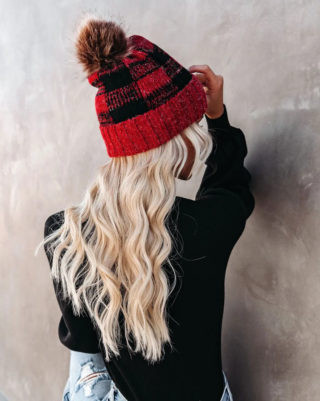 Bonfire Plaid Pom Beanie - Red