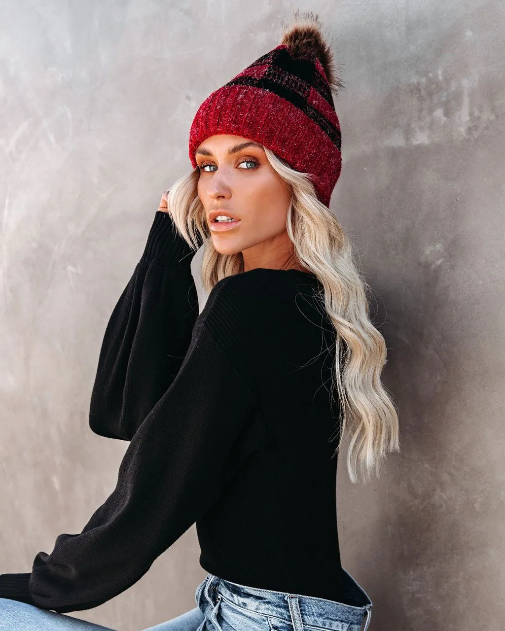 Bonfire Plaid Pom Beanie - Red