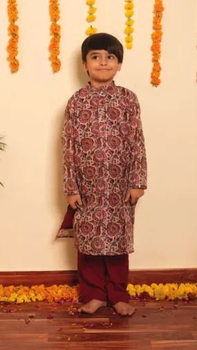 Boys Cotton Light Brown Print Kurta Pant Set