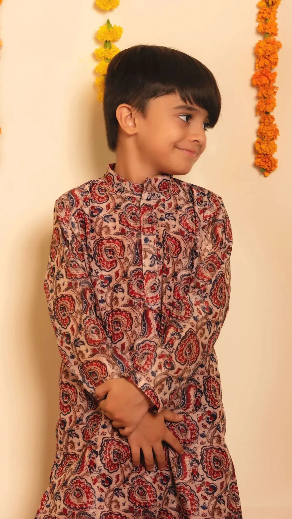 Boys Cotton Light Brown Print Kurta Pant Set