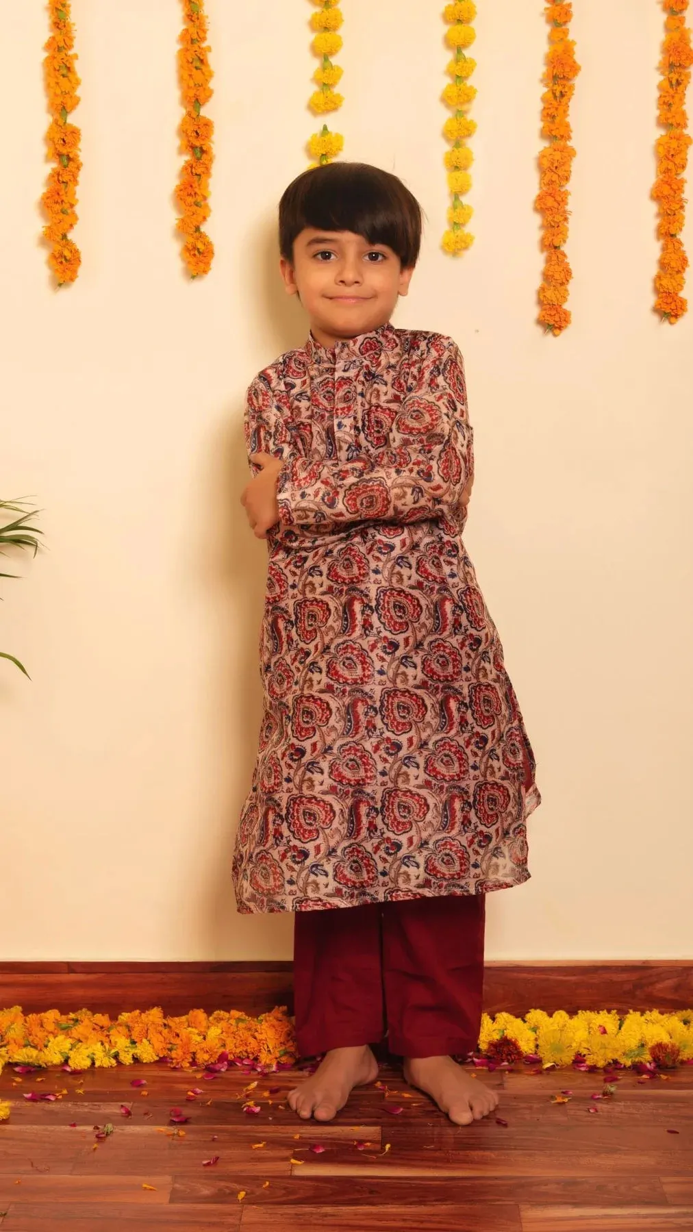 Boys Cotton Light Brown Print Kurta Pant Set