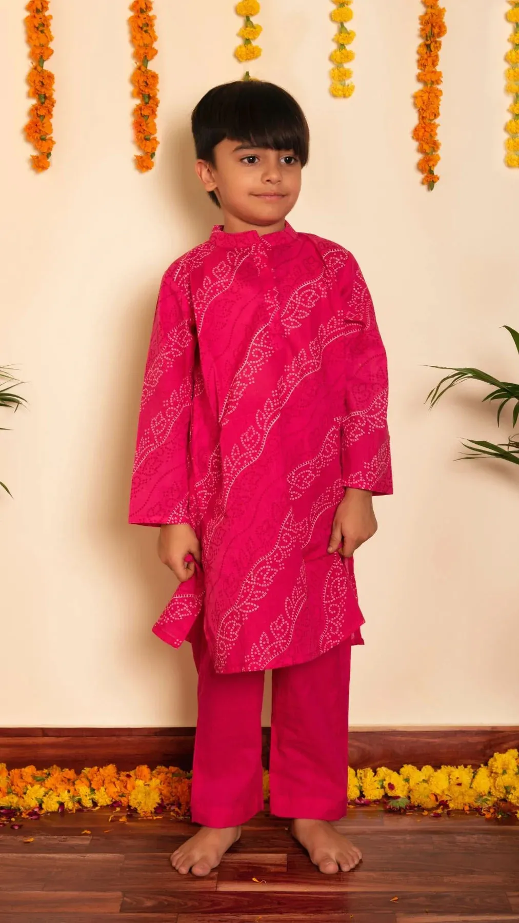 Boys Cotton Pink Bandhej Print Kurta Pant Set