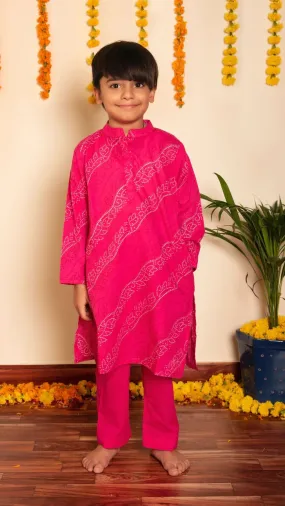 Boys Cotton Pink Bandhej Print Kurta Pant Set