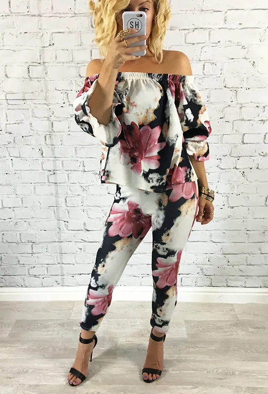 Bright Pink & Blue Floral Off The Shoulder Jennifer Set