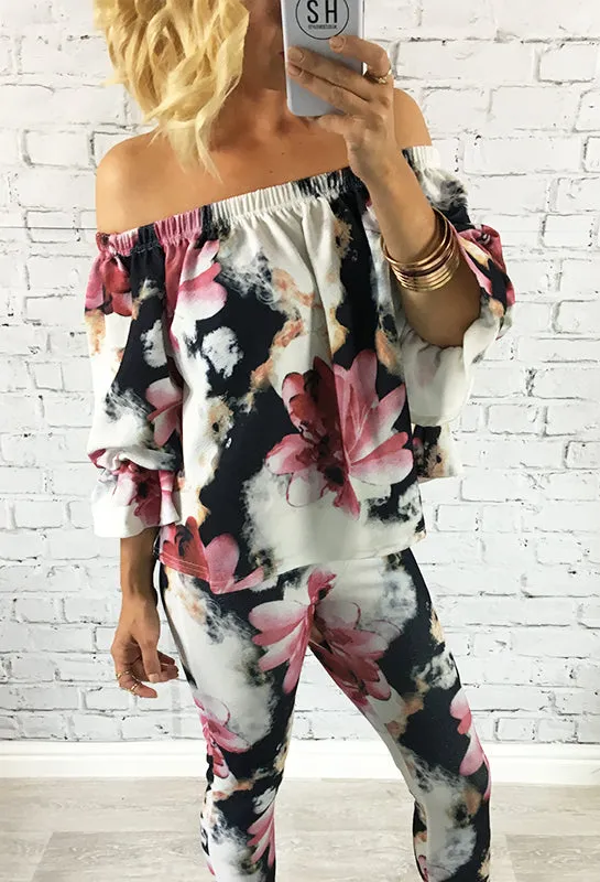 Bright Pink & Blue Floral Off The Shoulder Jennifer Set