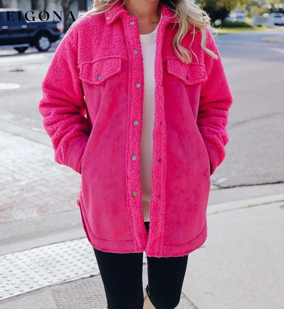 Bright Pink Faux Suede Sherpa Patchwork Button-up Shacket