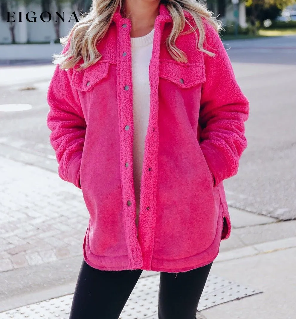 Bright Pink Faux Suede Sherpa Patchwork Button-up Shacket