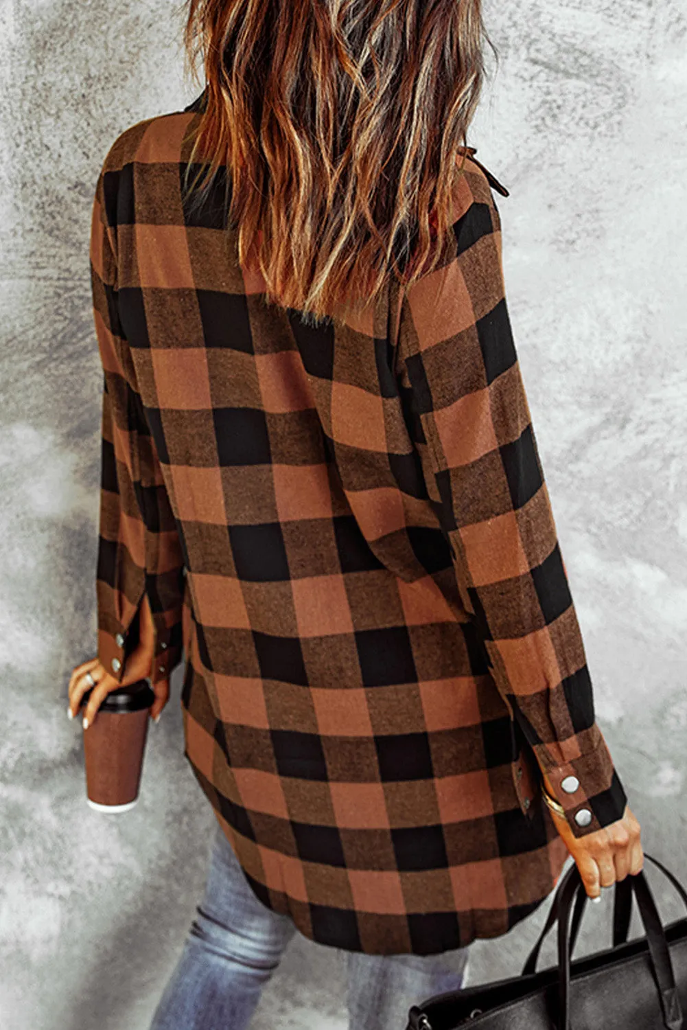 Brown & Black Plaid Collared Botton Down Long Shirt Shacket