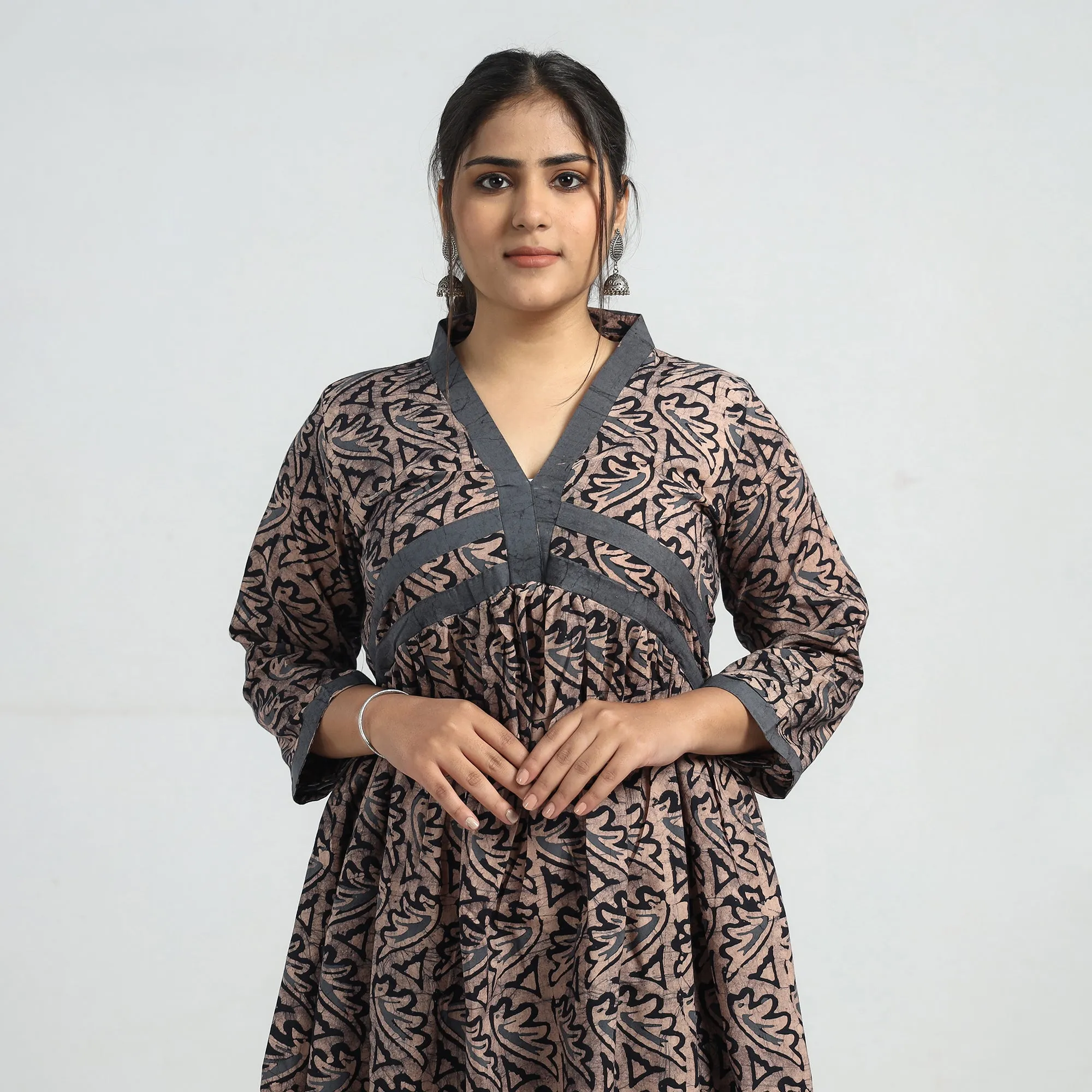 Brown - Batik Printed Cotton Flared Dress