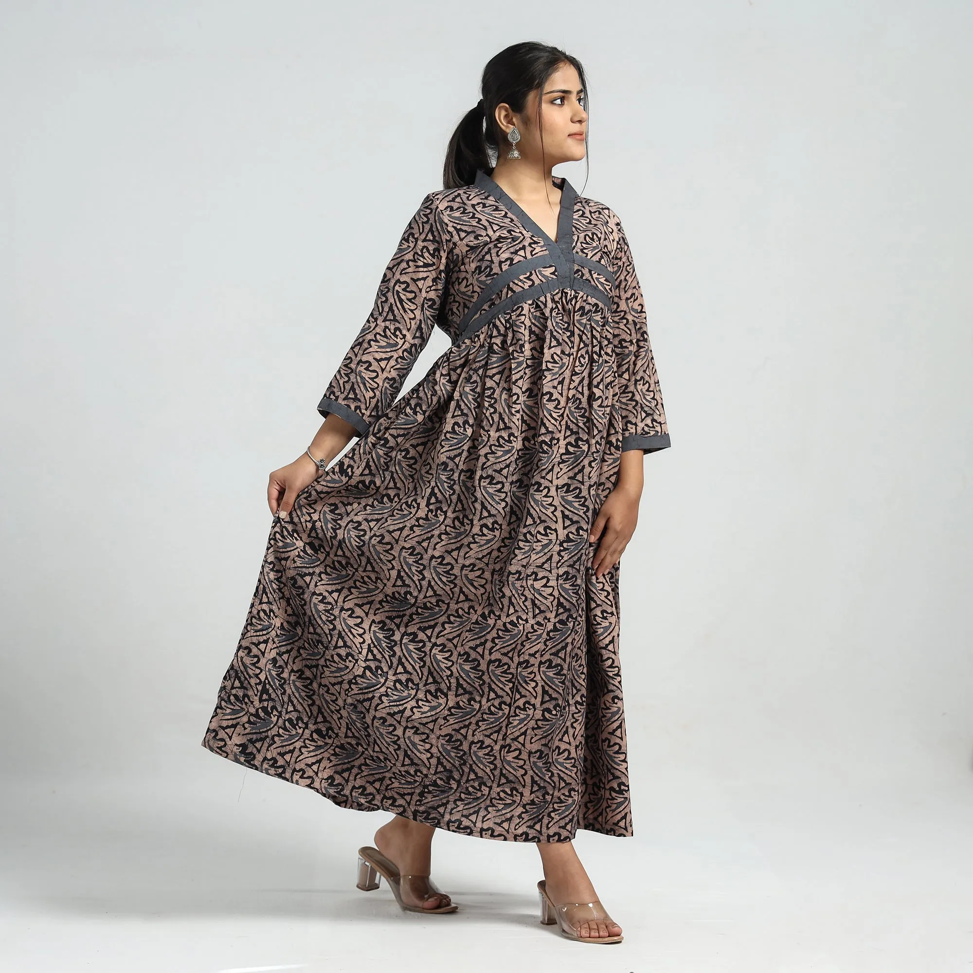 Brown - Batik Printed Cotton Flared Dress