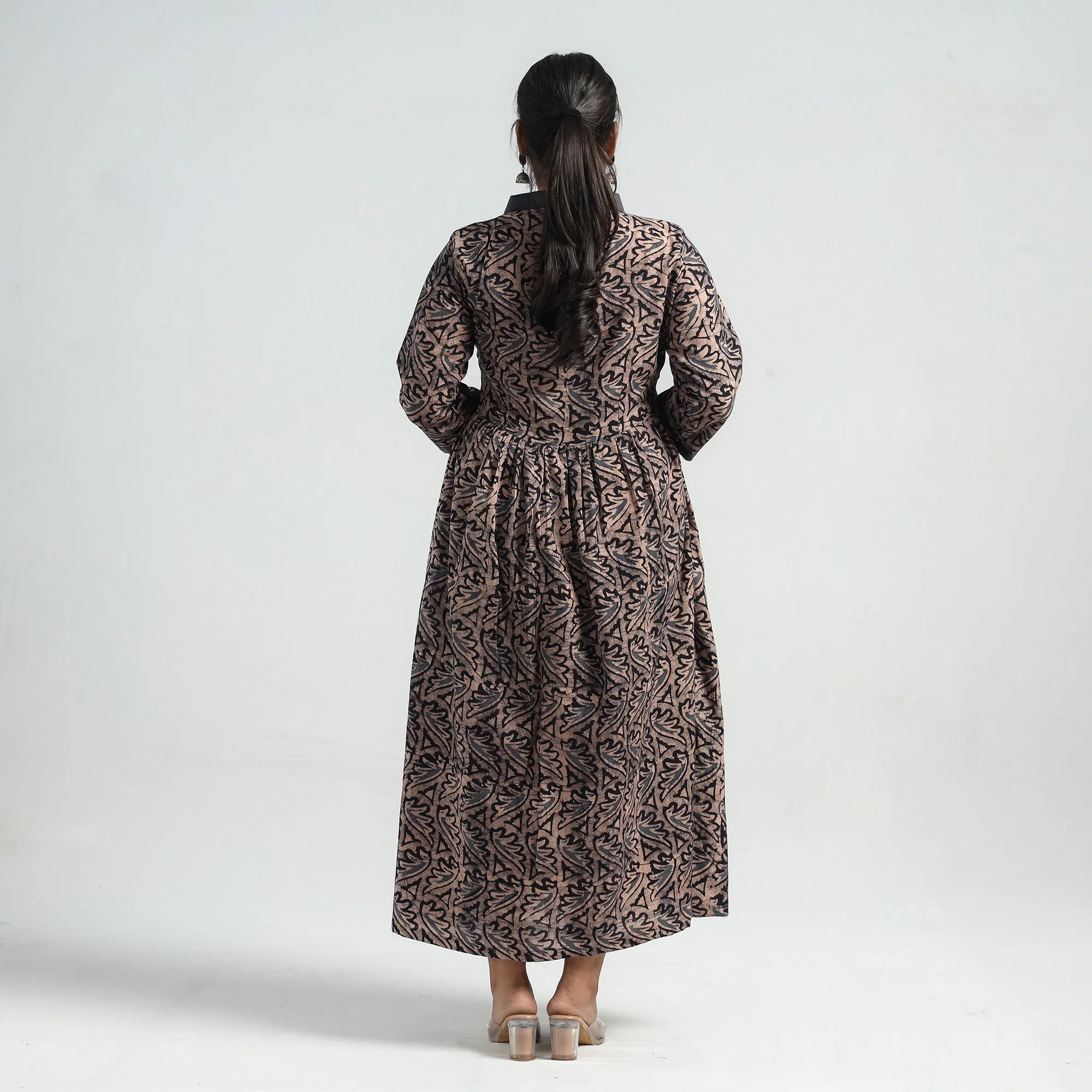 Brown - Batik Printed Cotton Flared Dress