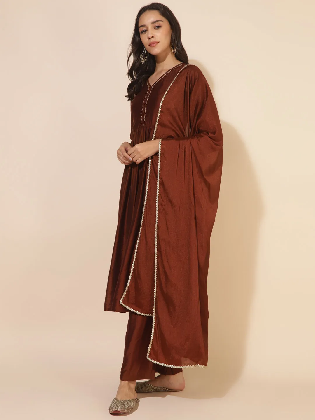 Brown Chanderi Embellished Kurta Palazzo Set