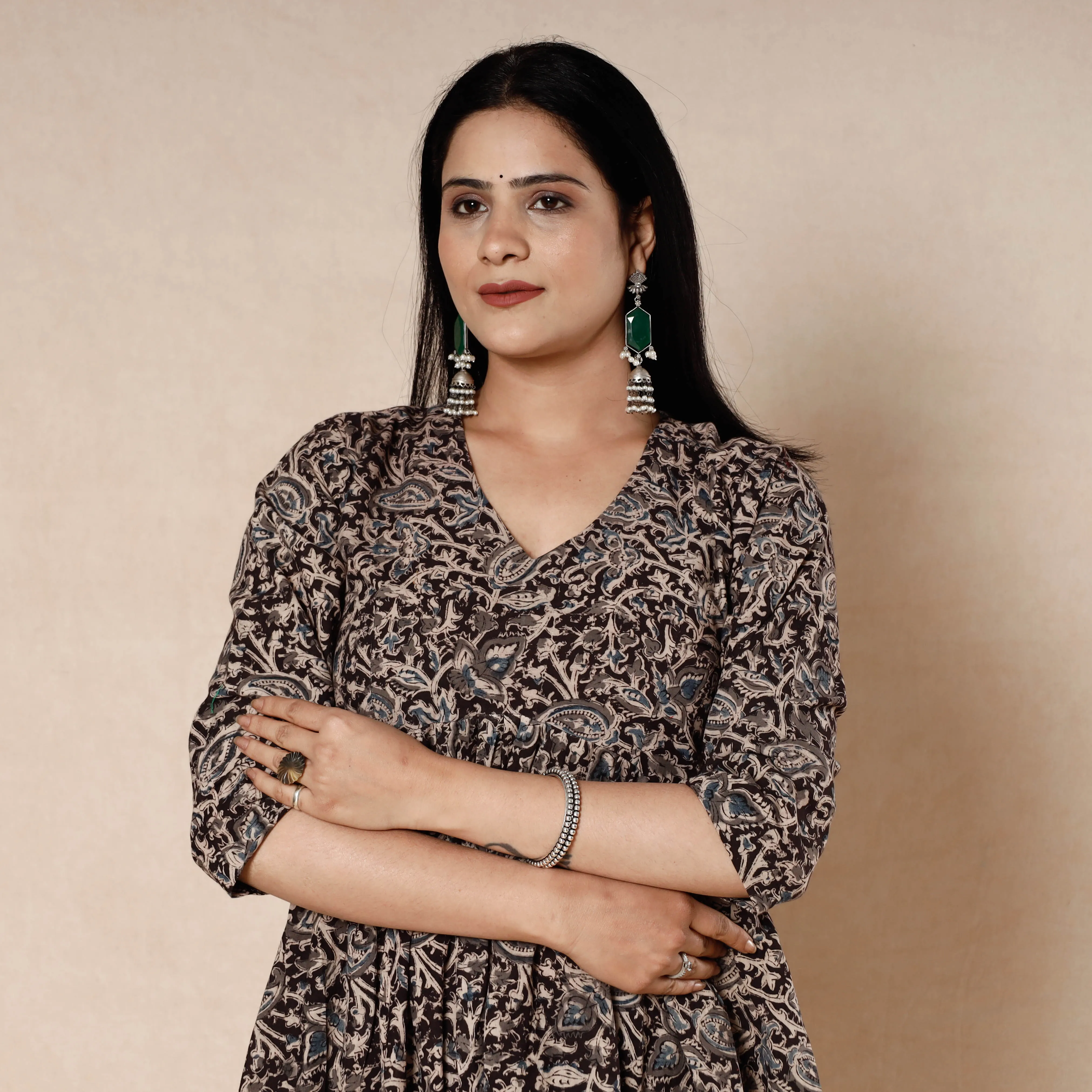 Brown - Kalamkari Block Printed Cotton Flared Dress