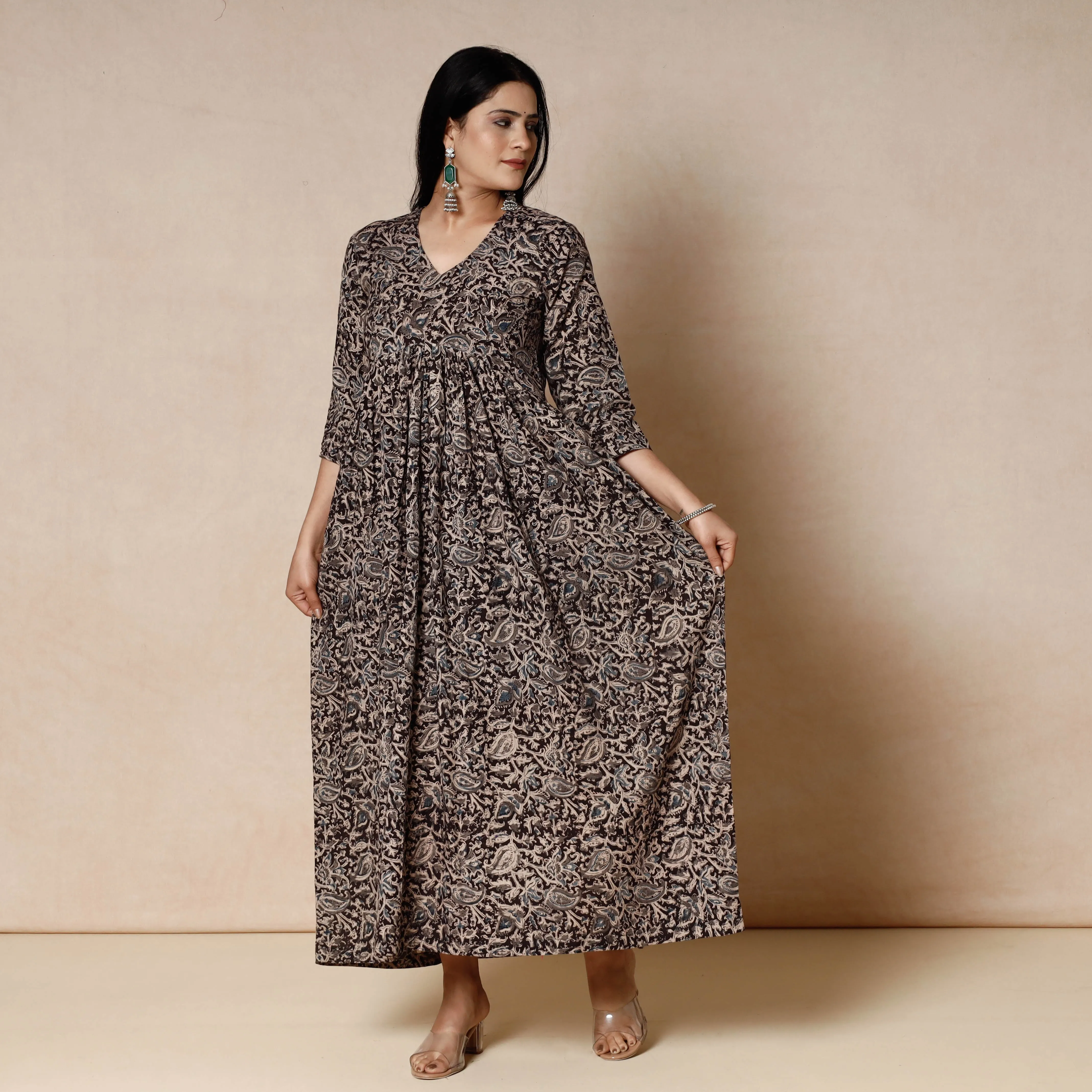 Brown - Kalamkari Block Printed Cotton Flared Dress