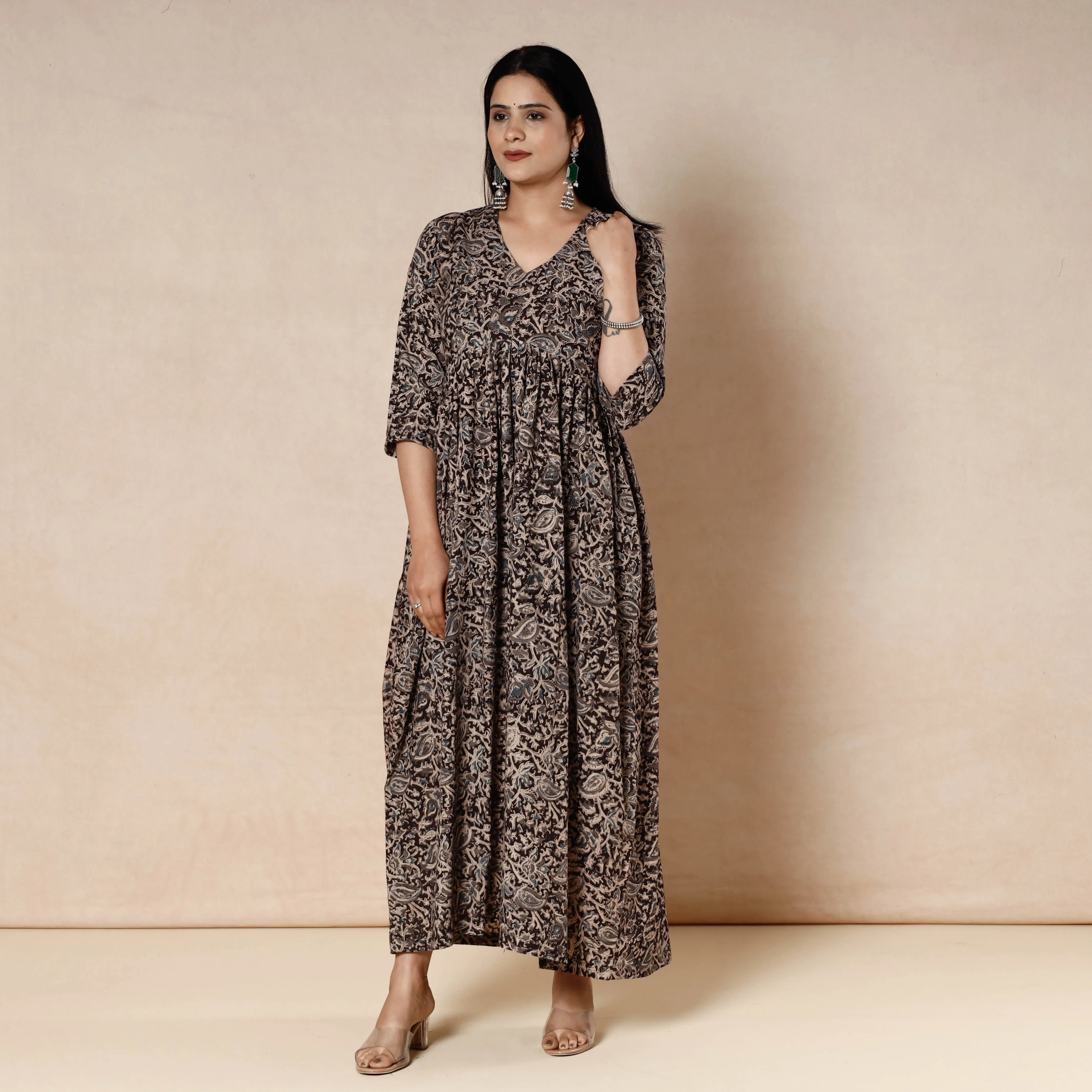 Brown - Kalamkari Block Printed Cotton Flared Dress