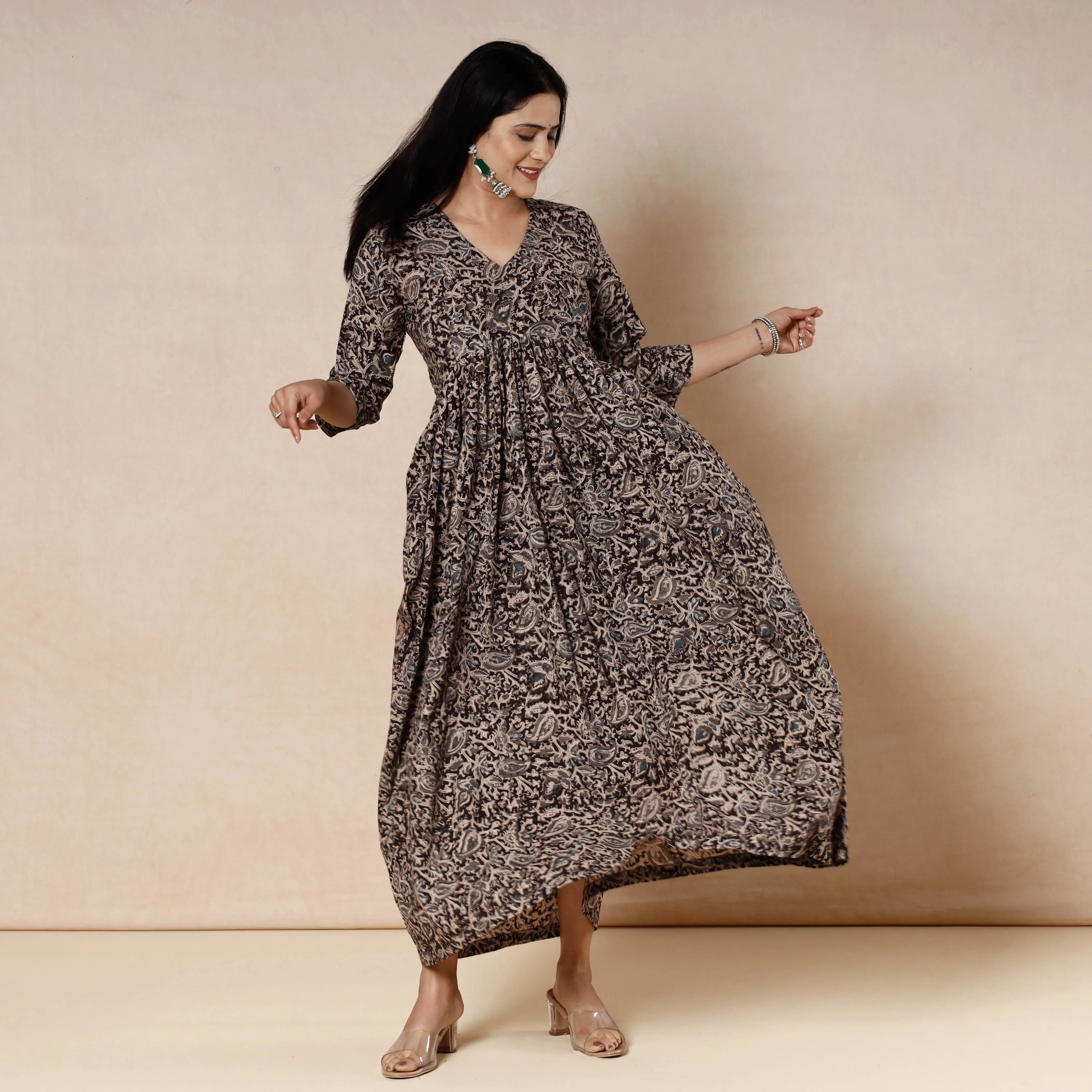 Brown - Kalamkari Block Printed Cotton Flared Dress