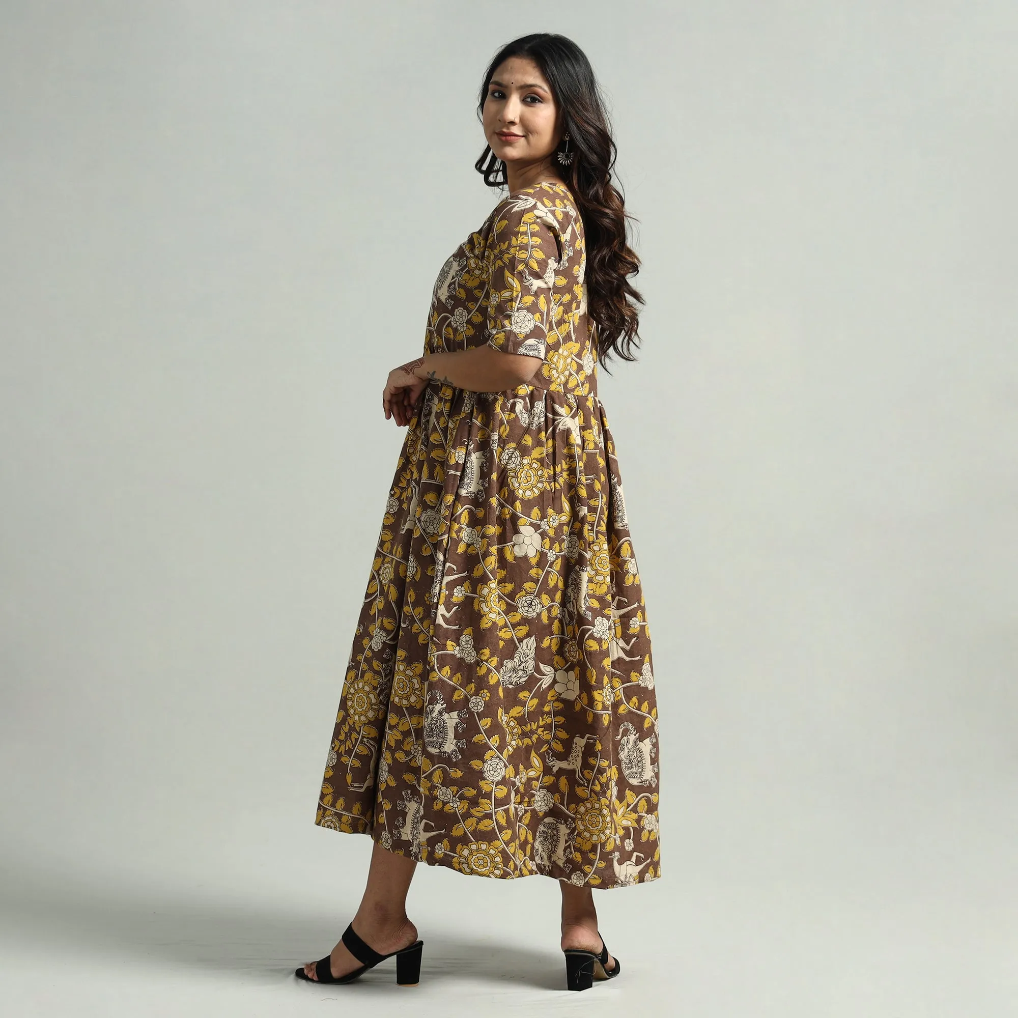 Brown - Kalamkari Printed Cotton Flared Gher Dress