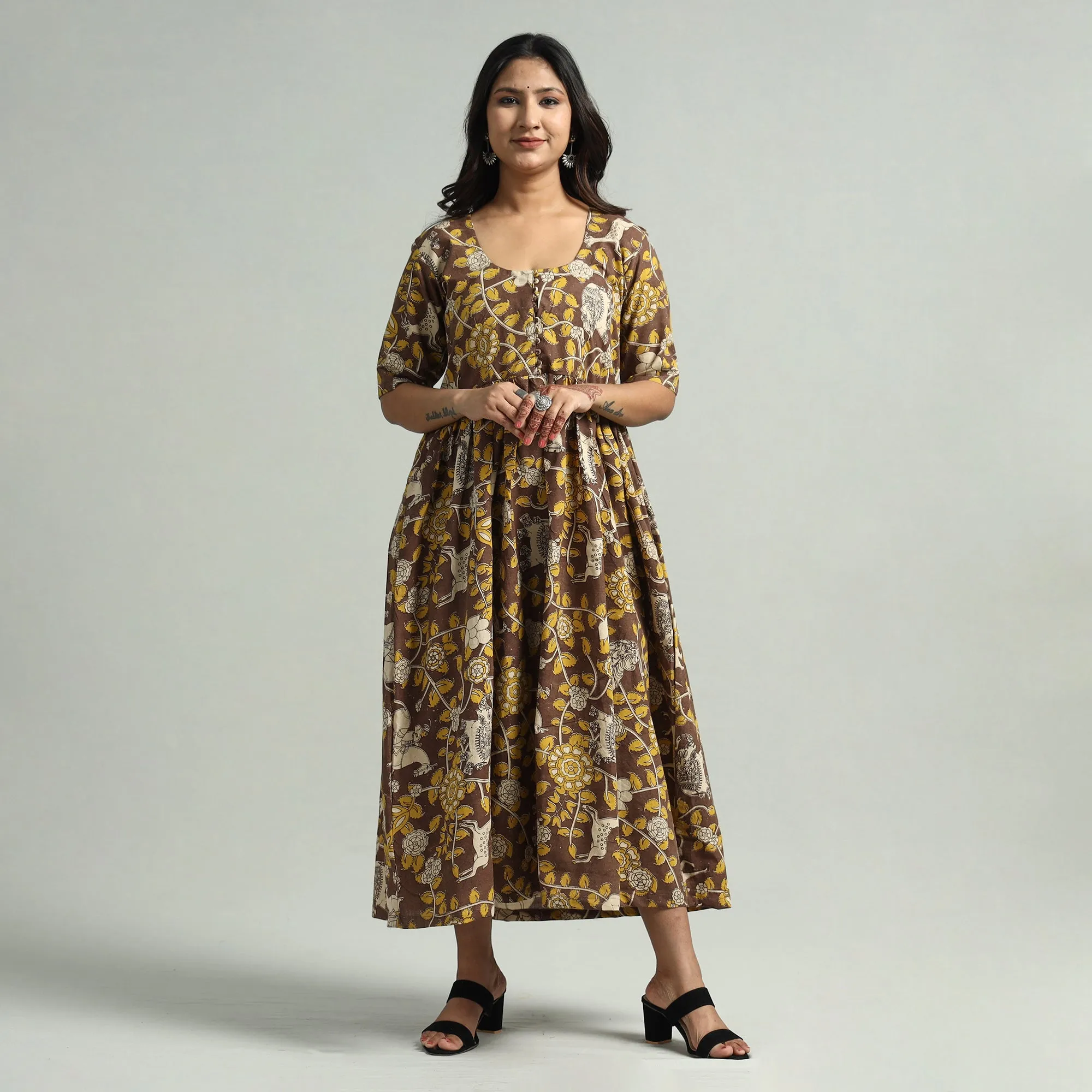 Brown - Kalamkari Printed Cotton Flared Gher Dress