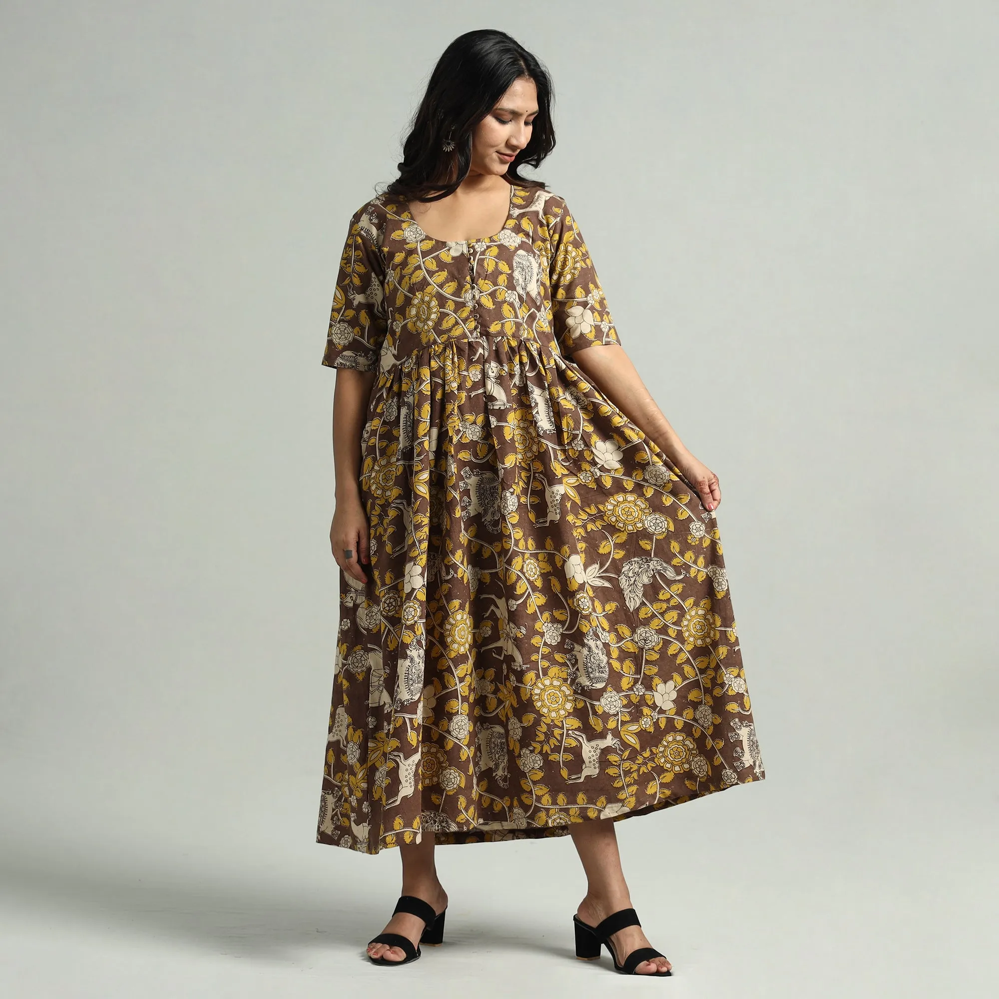 Brown - Kalamkari Printed Cotton Flared Gher Dress