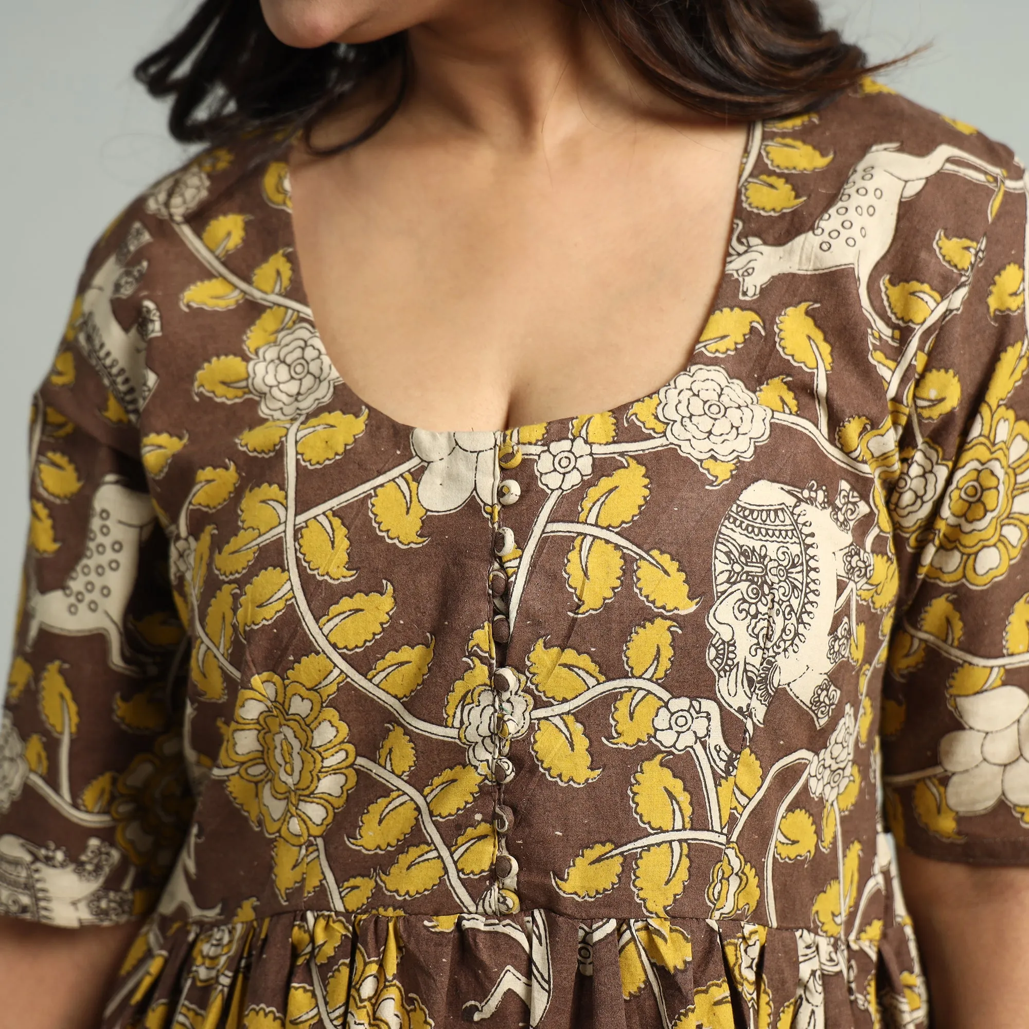 Brown - Kalamkari Printed Cotton Flared Gher Dress