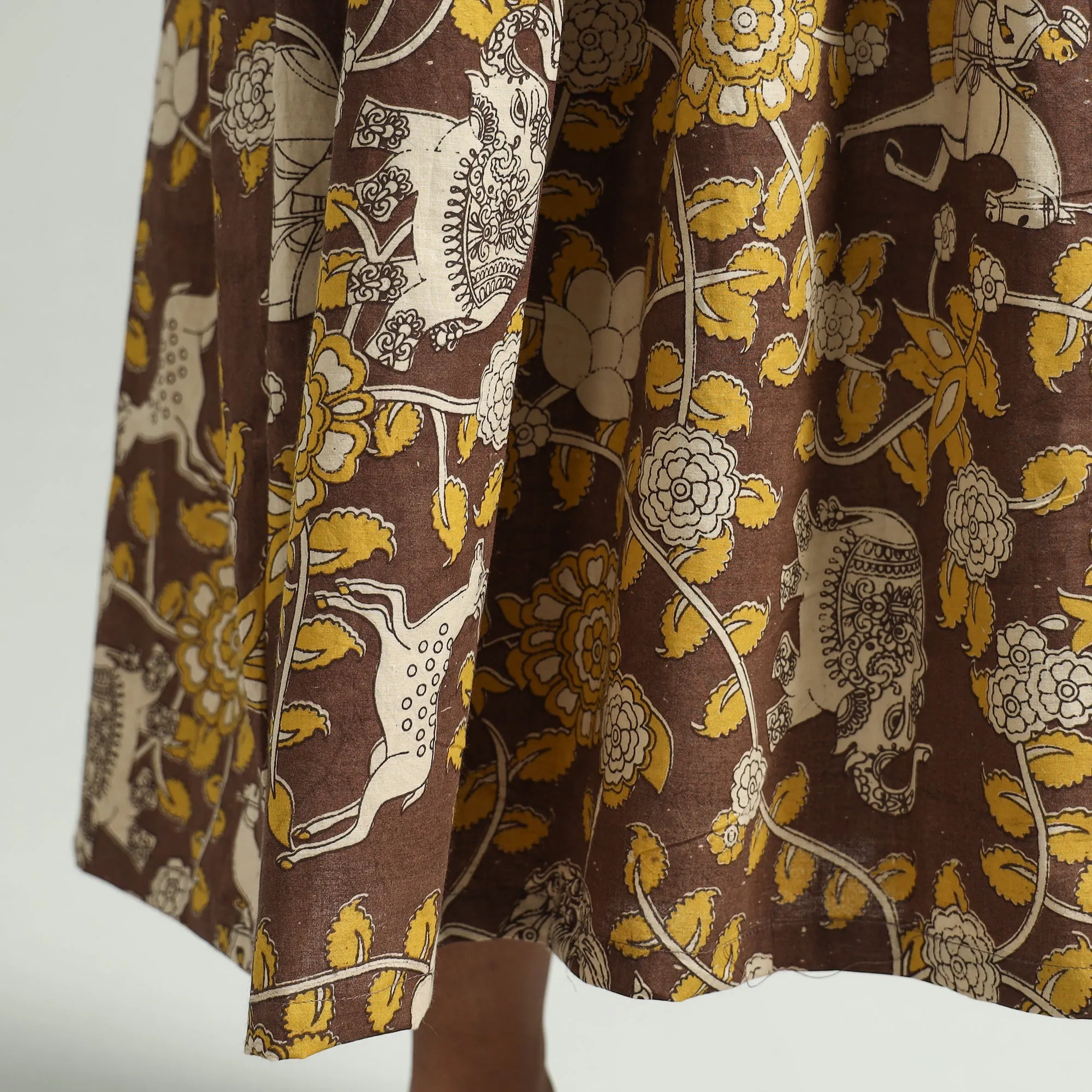 Brown - Kalamkari Printed Cotton Flared Gher Dress