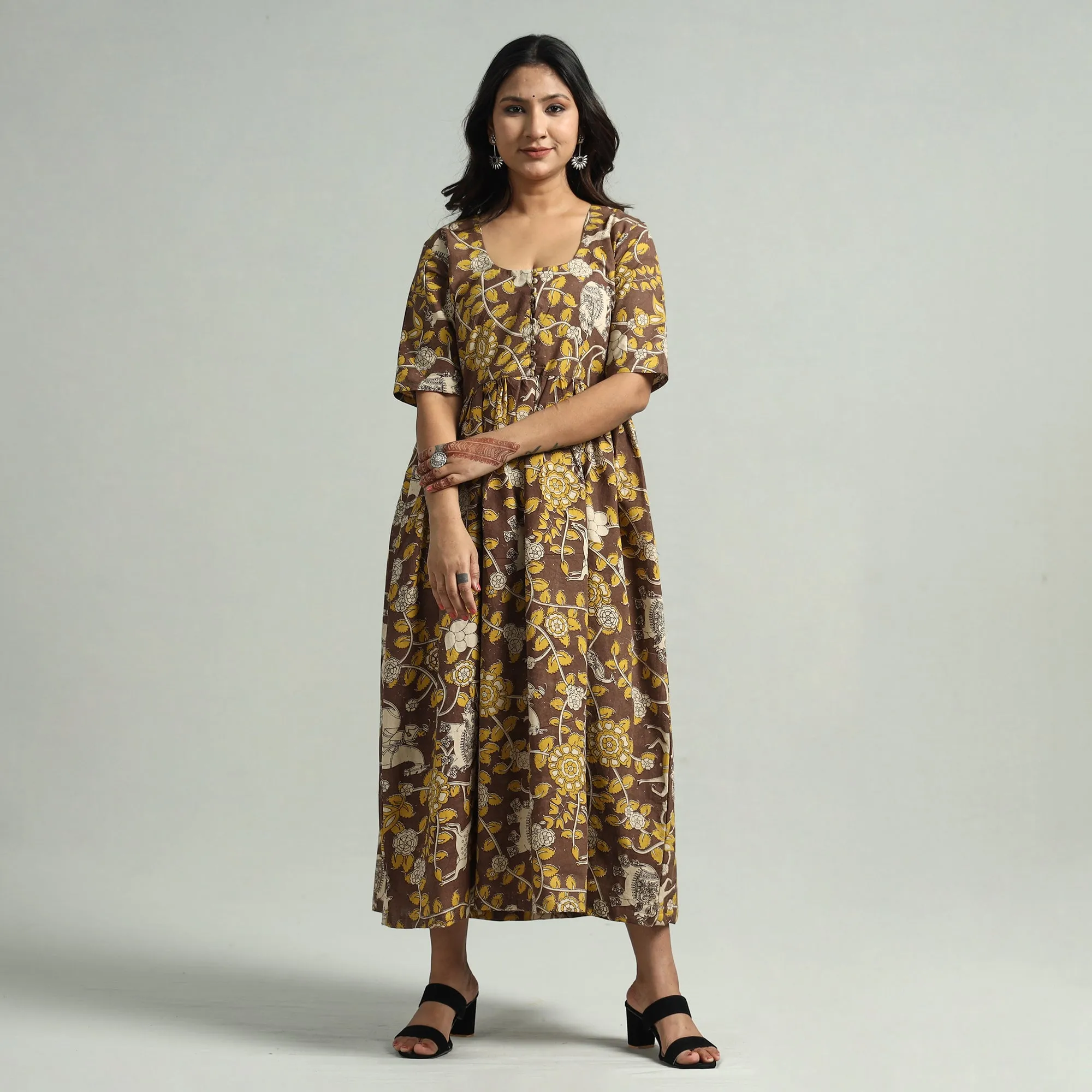 Brown - Kalamkari Printed Cotton Flared Gher Dress