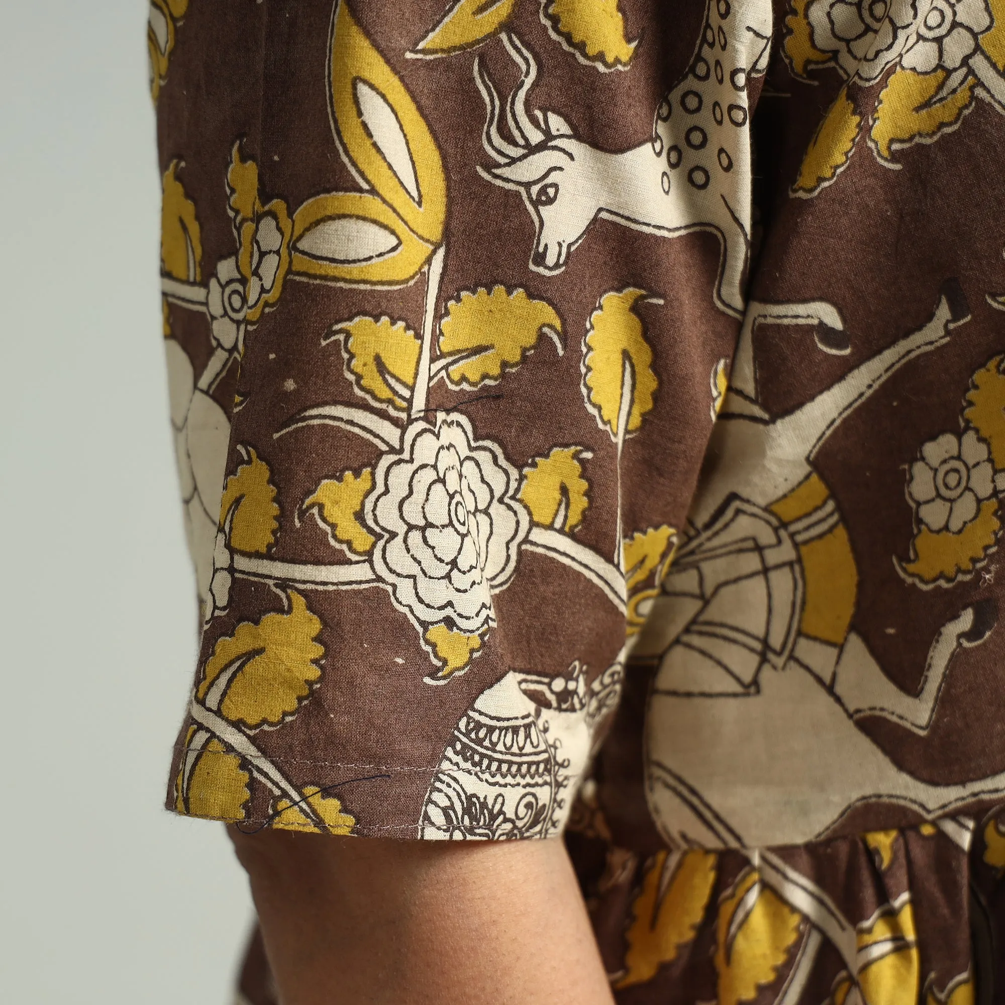 Brown - Kalamkari Printed Cotton Flared Gher Dress