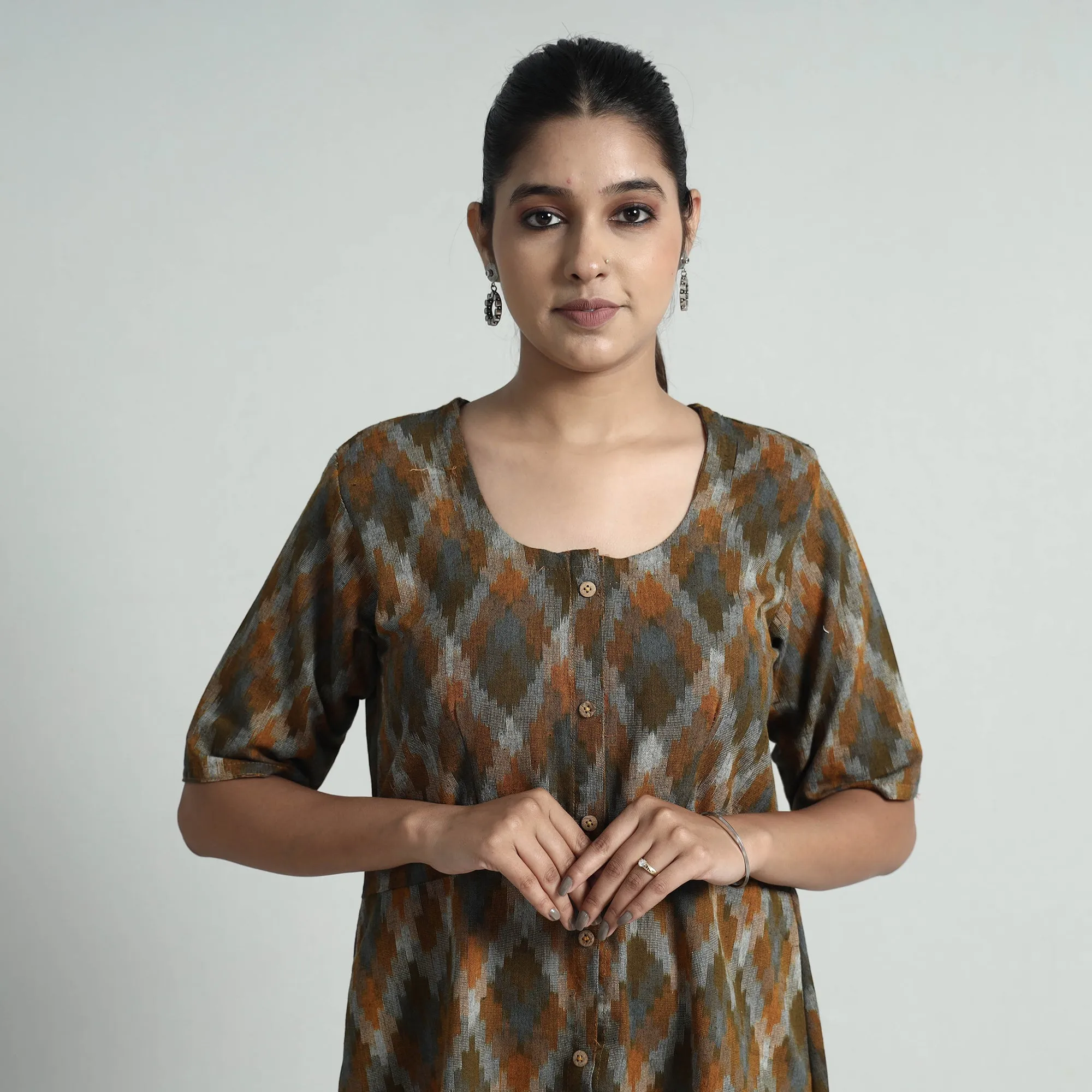 Brown - Pochampally Double Ikat Weave Cotton Dress