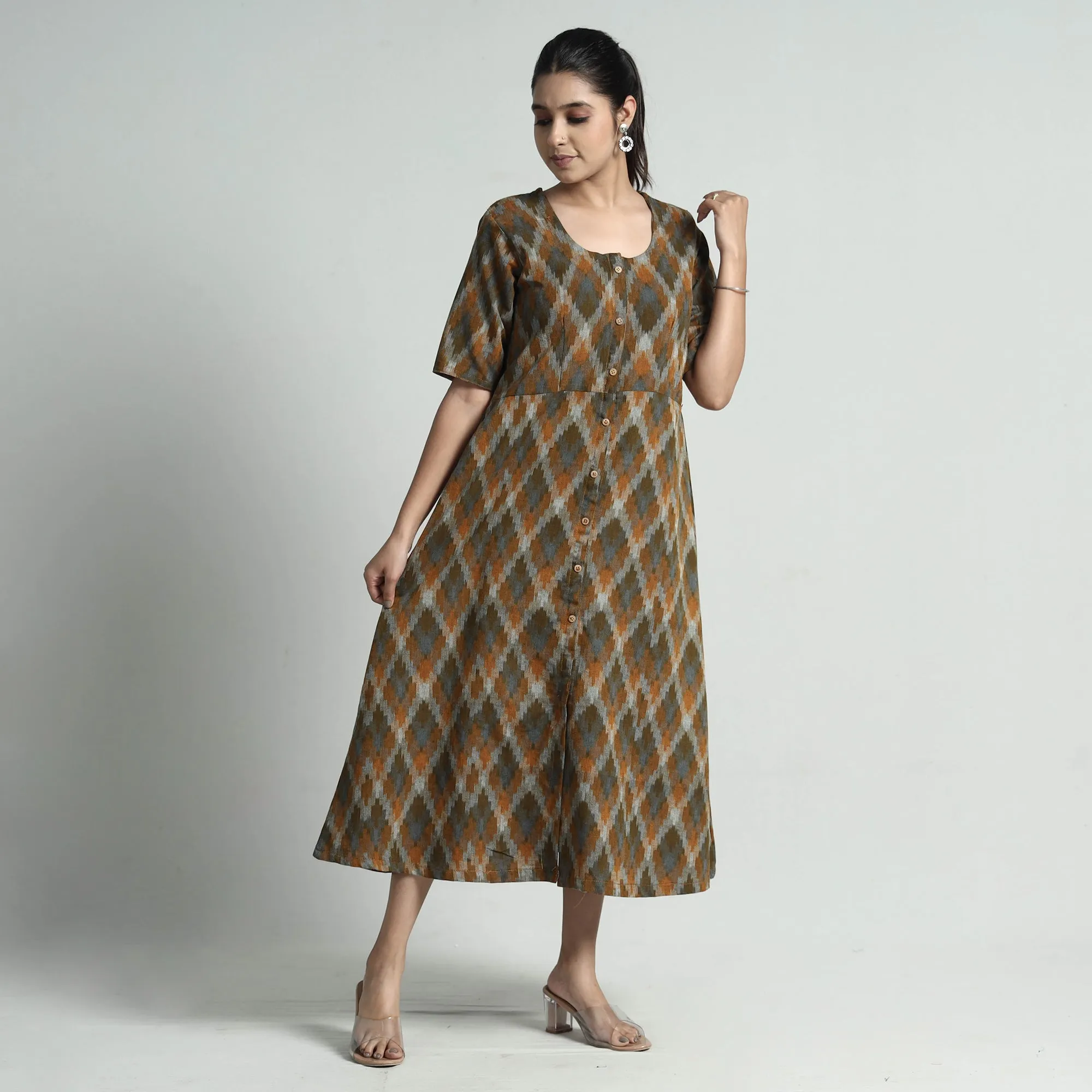 Brown - Pochampally Double Ikat Weave Cotton Dress