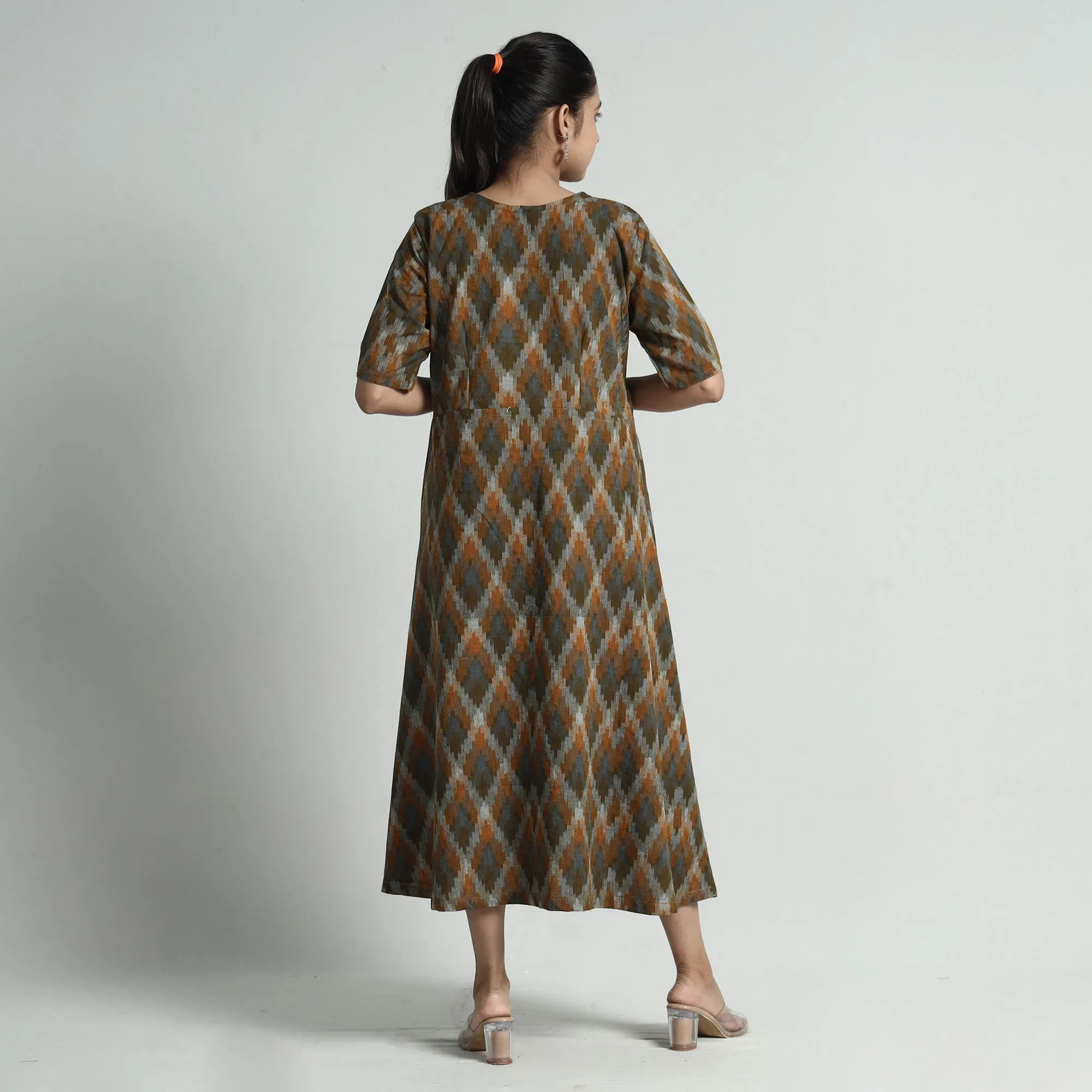 Brown - Pochampally Double Ikat Weave Cotton Dress