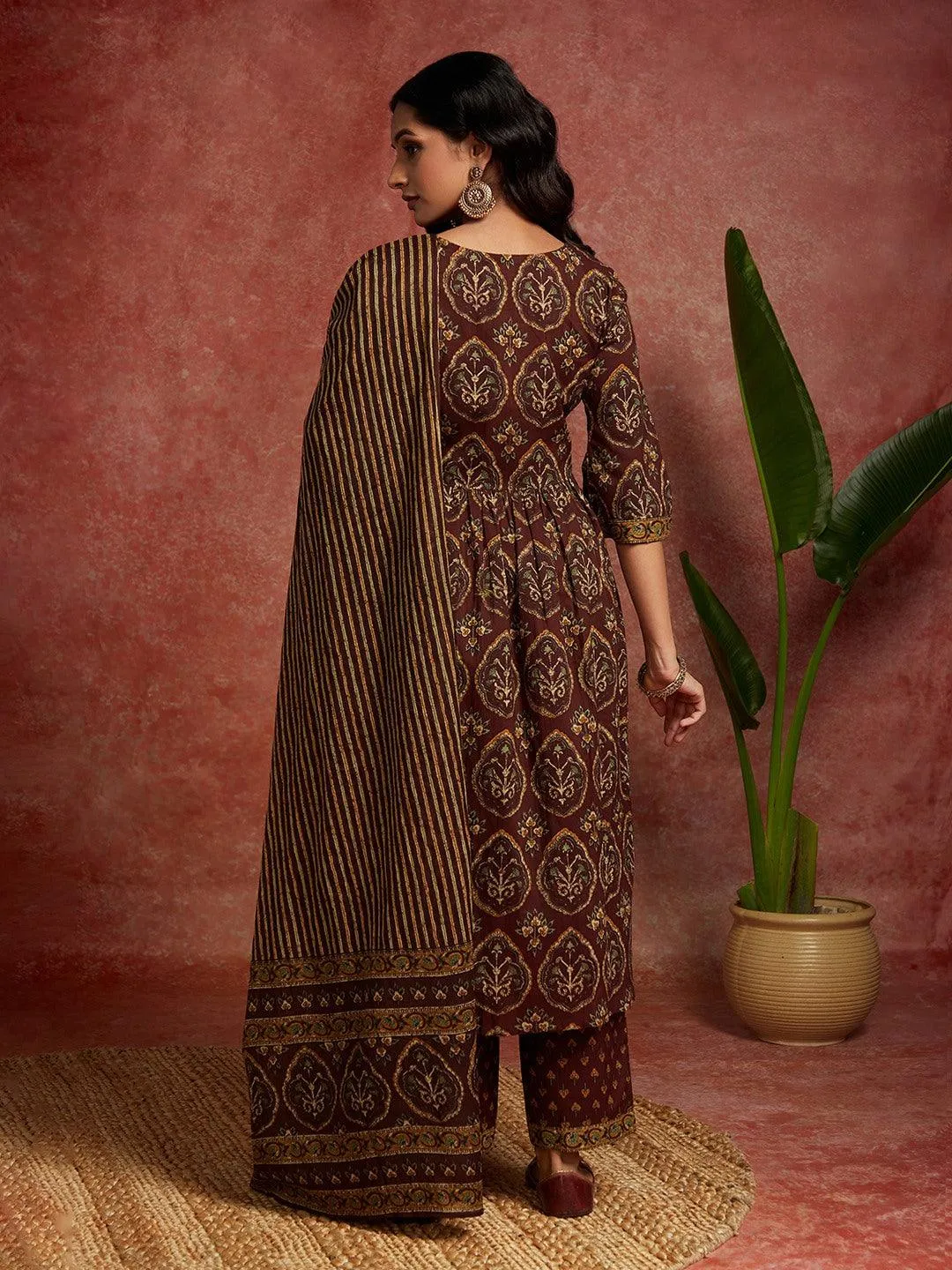 Brown Printed Cotton A-Line Kurta With Trousers & Dupatta