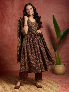 Brown Printed Cotton A-Line Kurta With Trousers & Dupatta