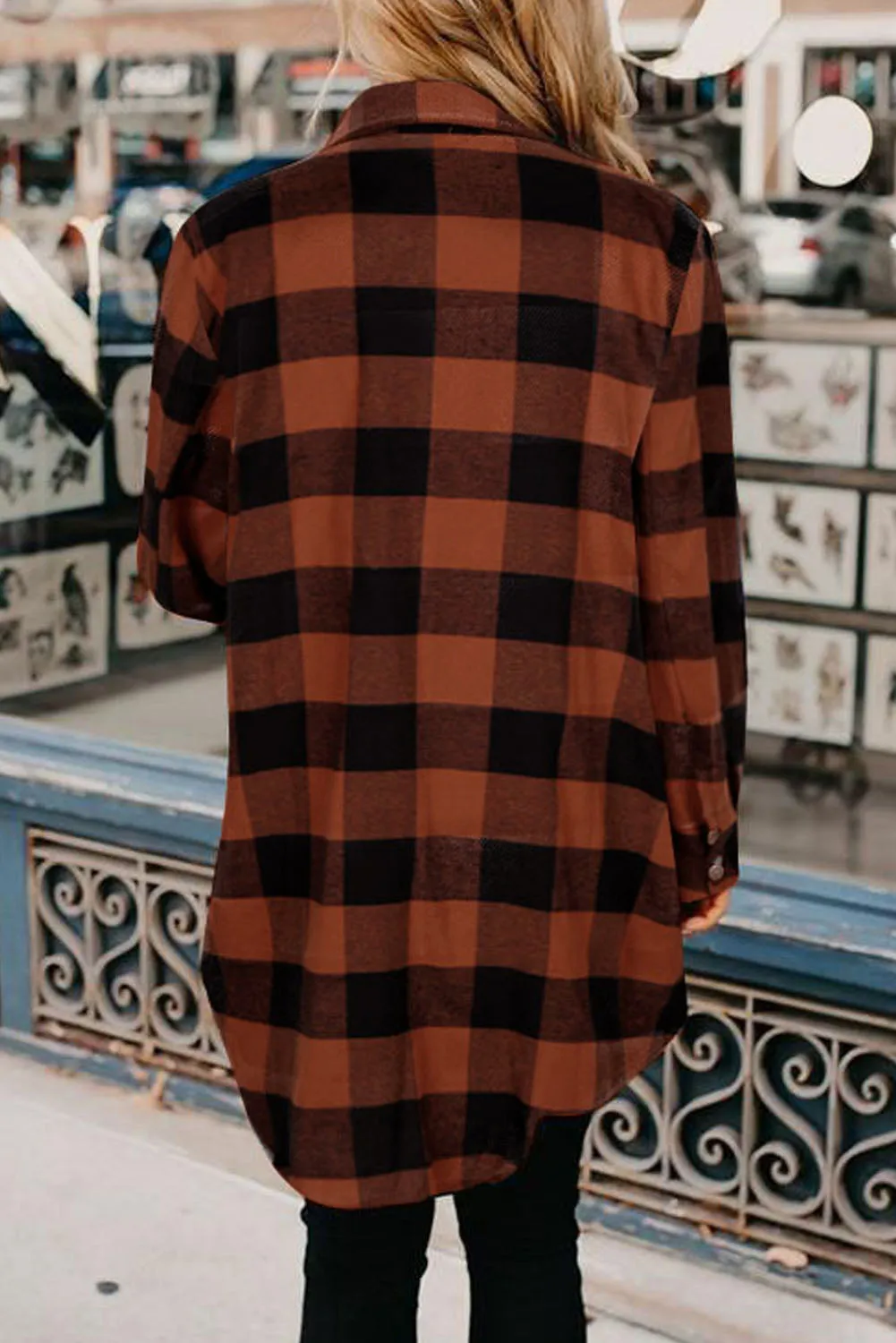 Brown Turn-down Collar Plaid Shirt Coat