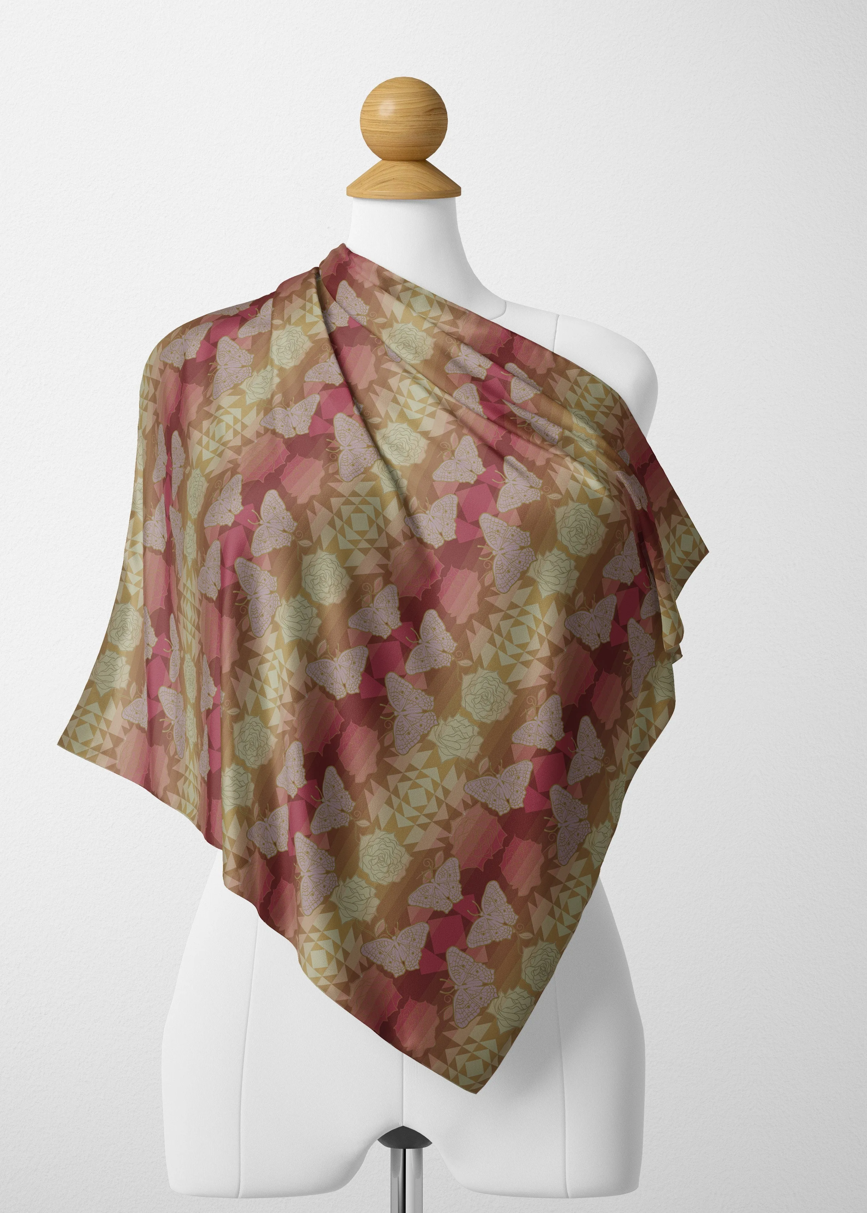 Butterfly and Roses on Geometric Satin Shawl