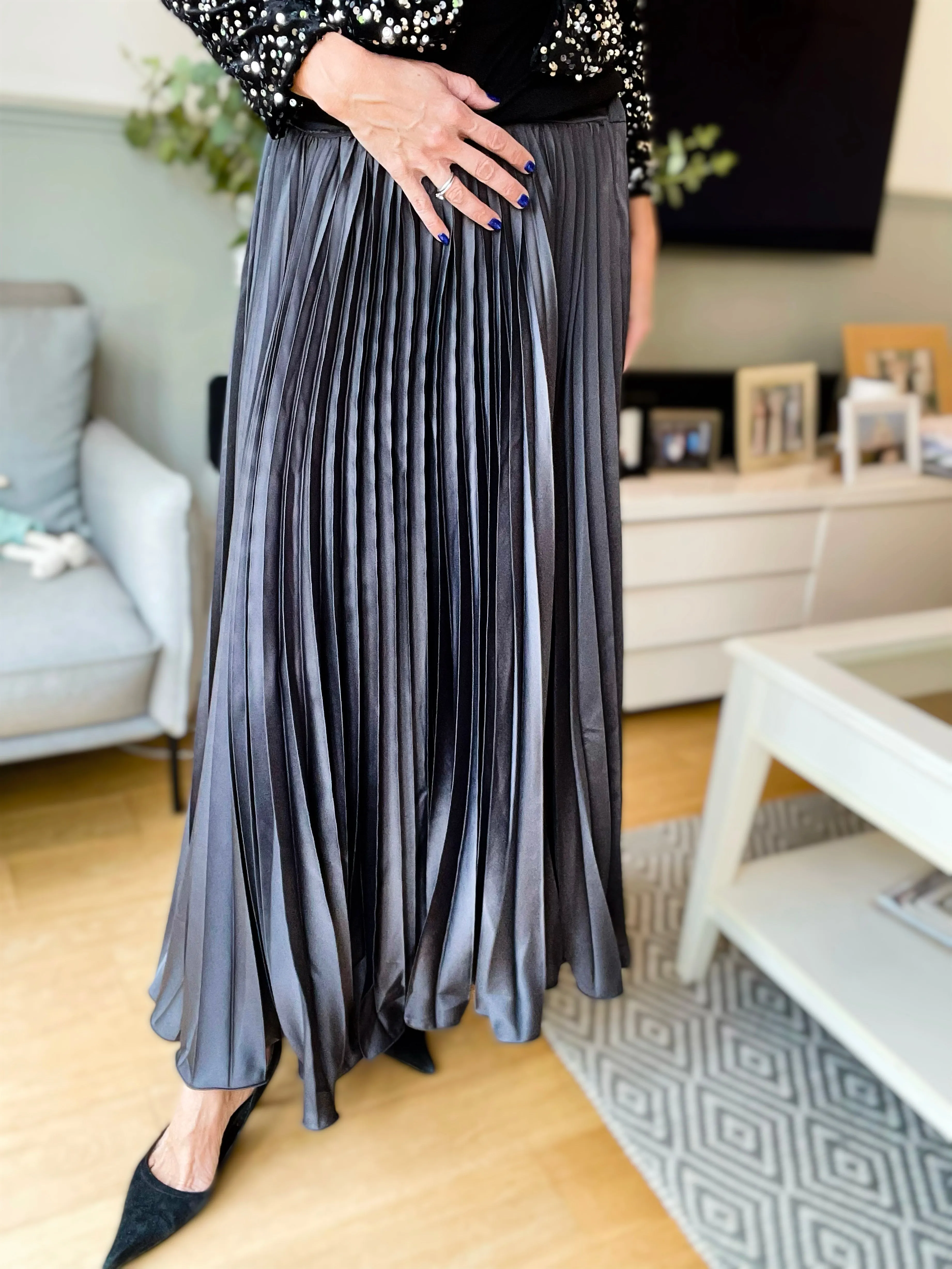 Charcoal Silky Pleated Skirt