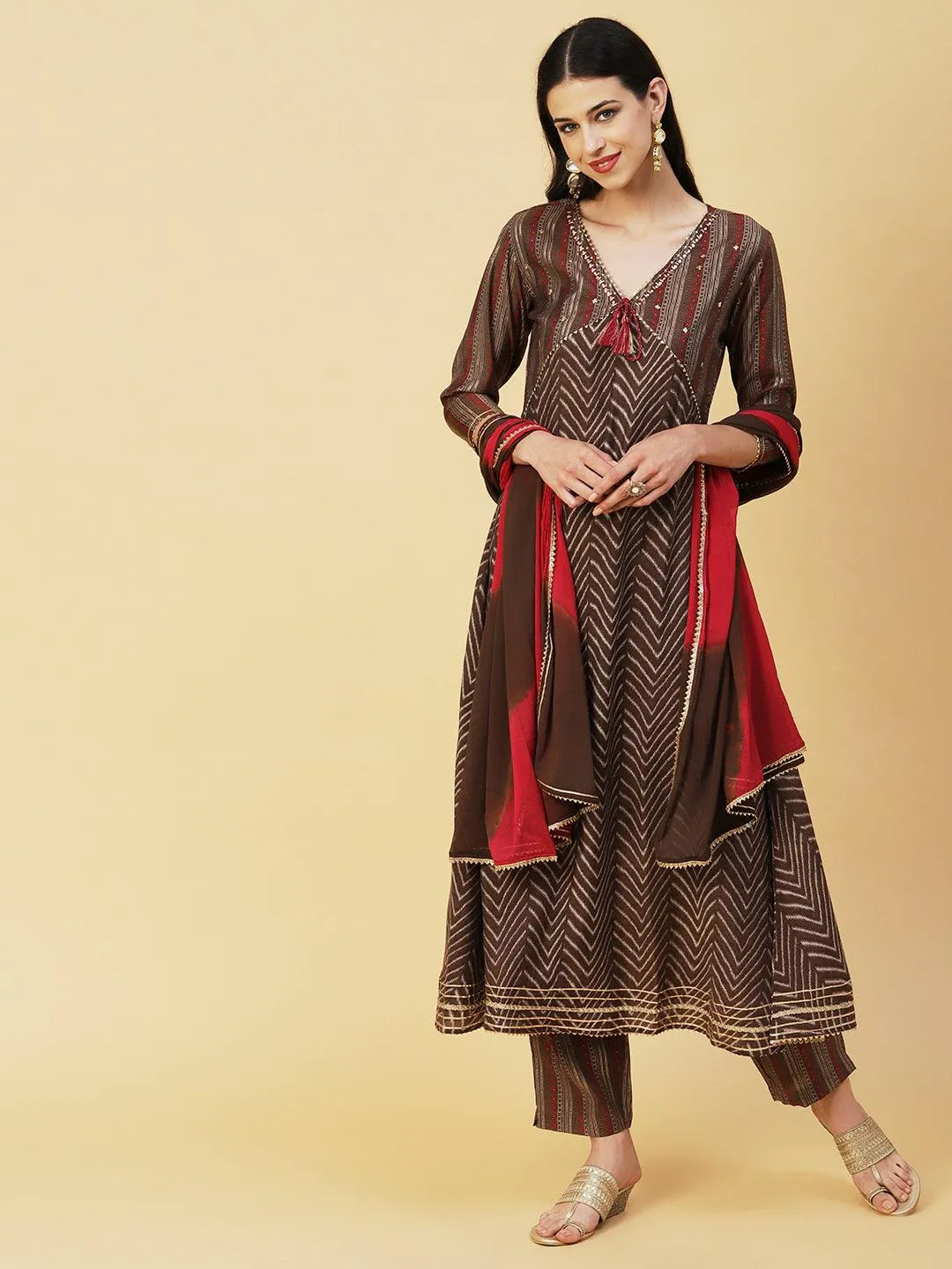 Chevron Printed Mirror & Sequins Embroidered Kurta With Pants & Dupatta - Brown